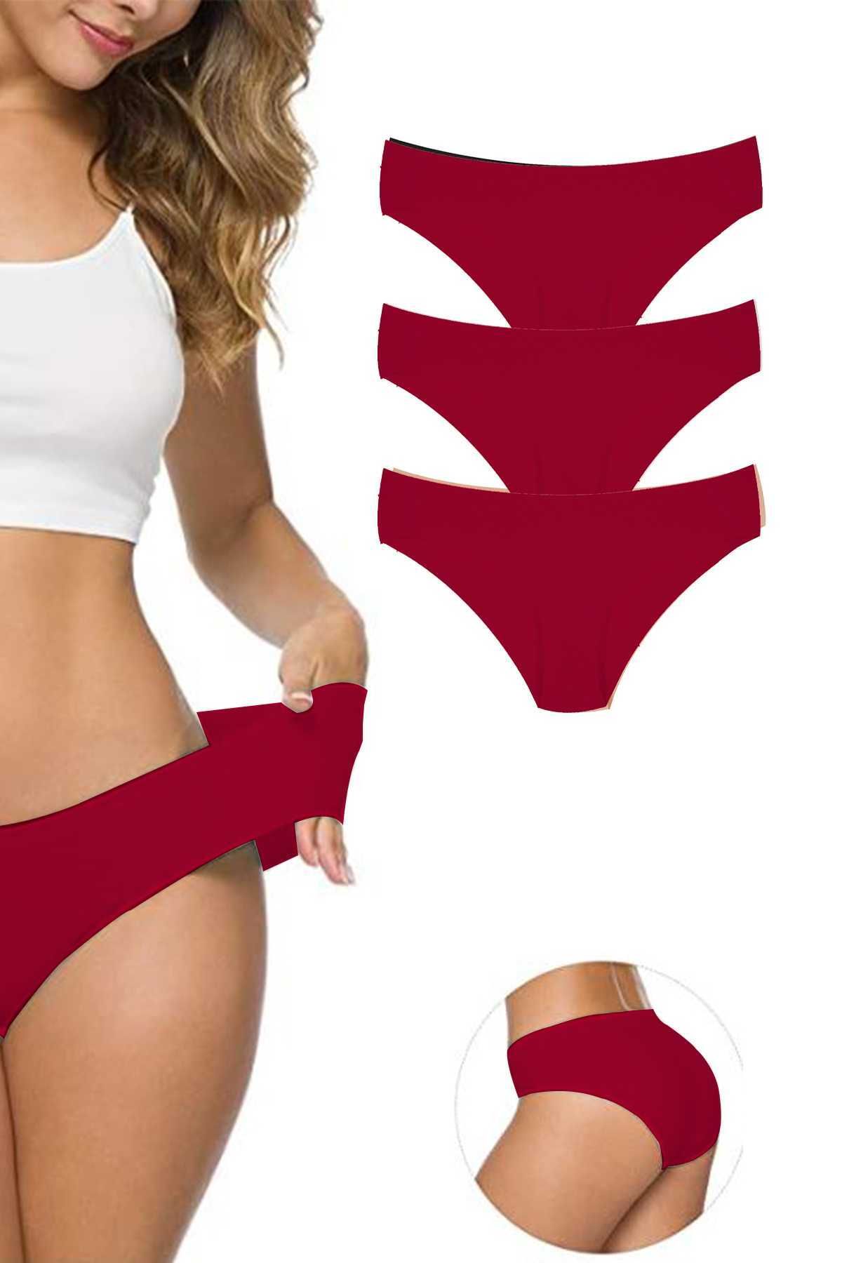 Shop58 3 Adet Kadın Dikişsiz Lazer Kesim Esnek İz yapmayan Külot Bordo