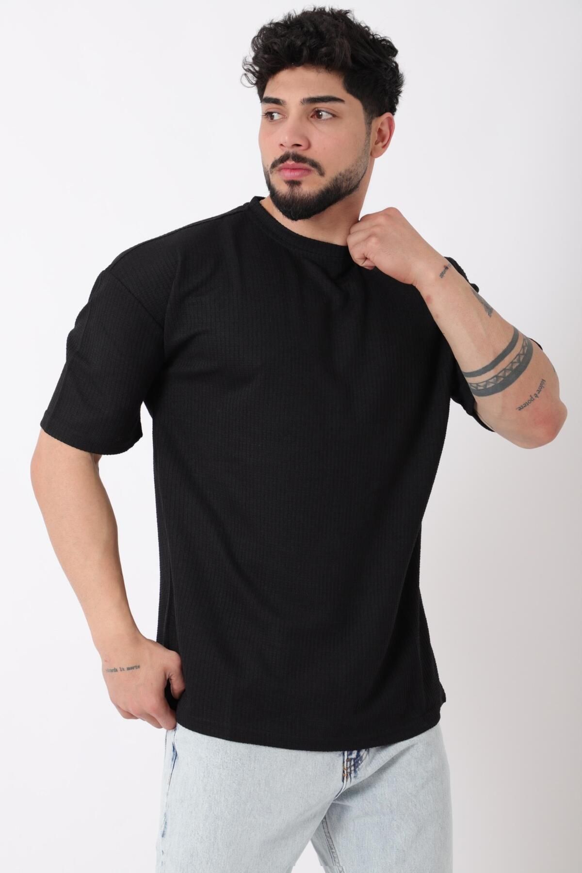 Stilkombin Petekli Model Bisiklet Yaka Oversize Tişört STU-2468_30462