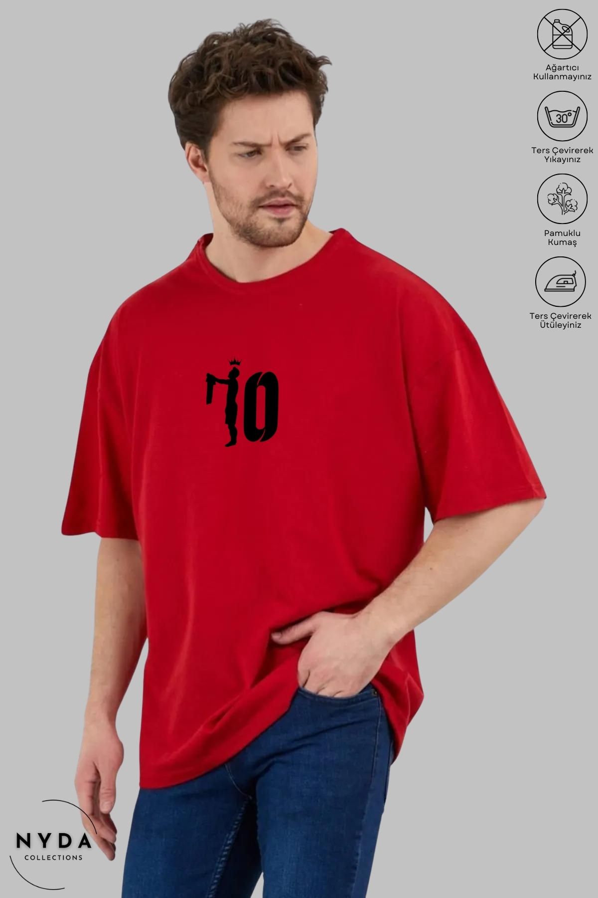 Nyda Collections Unisex Bisiklet Yaka 10 Numara Taç Baskılı Pamuk Oversize Kısa Kollu Tişört