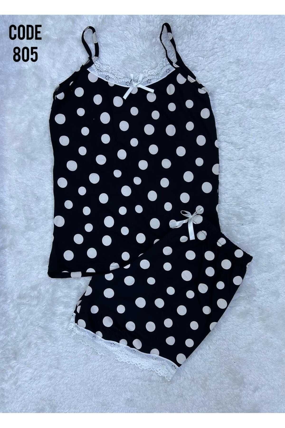 XORVİO Kadın İp Askılı Desen Şortlu Takım Dantel Detaylı Şık Yazlık Büyük Beden Battal Pijama
