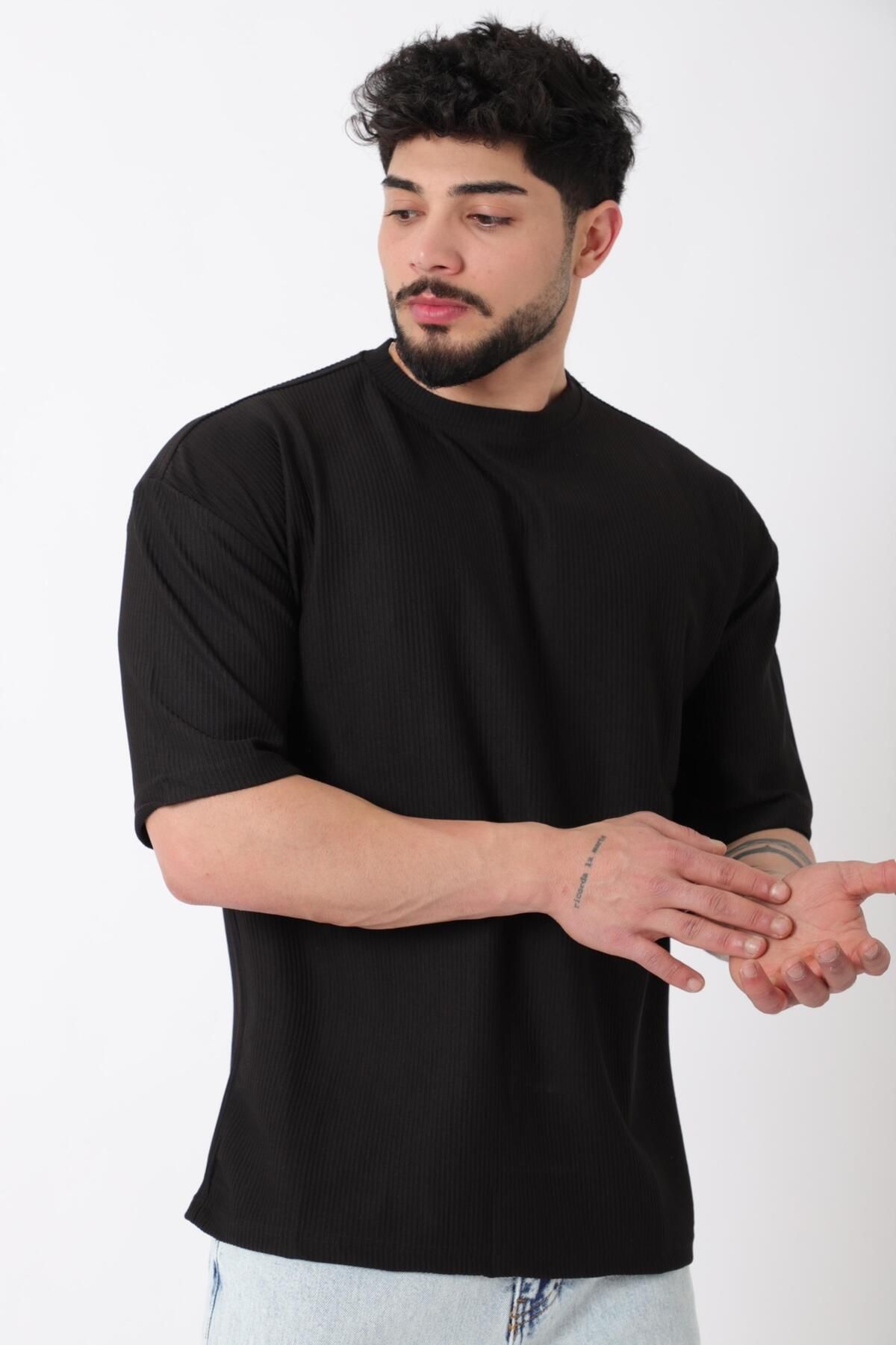 Stilkombin Çizgili Oversize Bisiklet Yaka Tişört STU-2452_30463