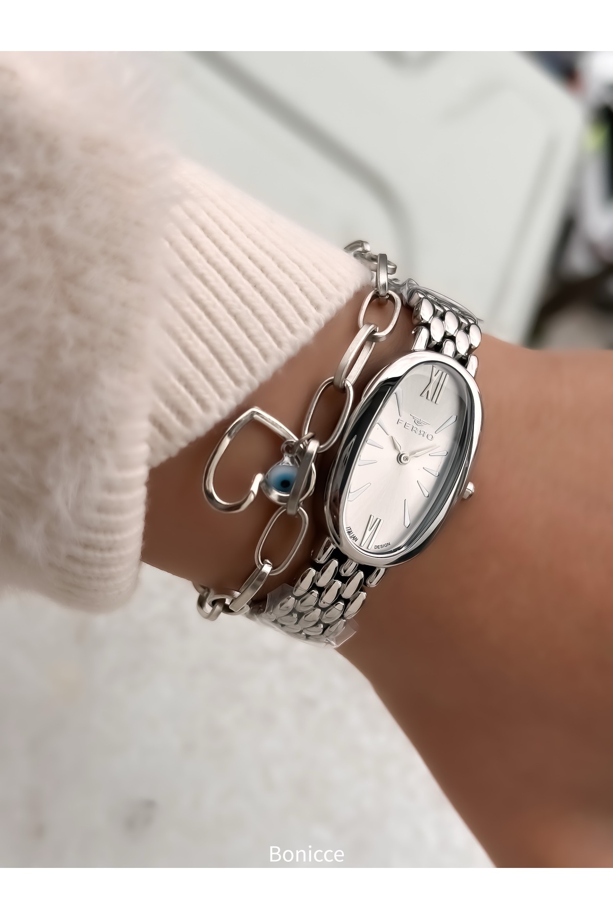 FERRO-In Stylish Box, Silver White, Steel Cord, Oval Case, Special Series Women's Wristwatch Bracelet Gift 6