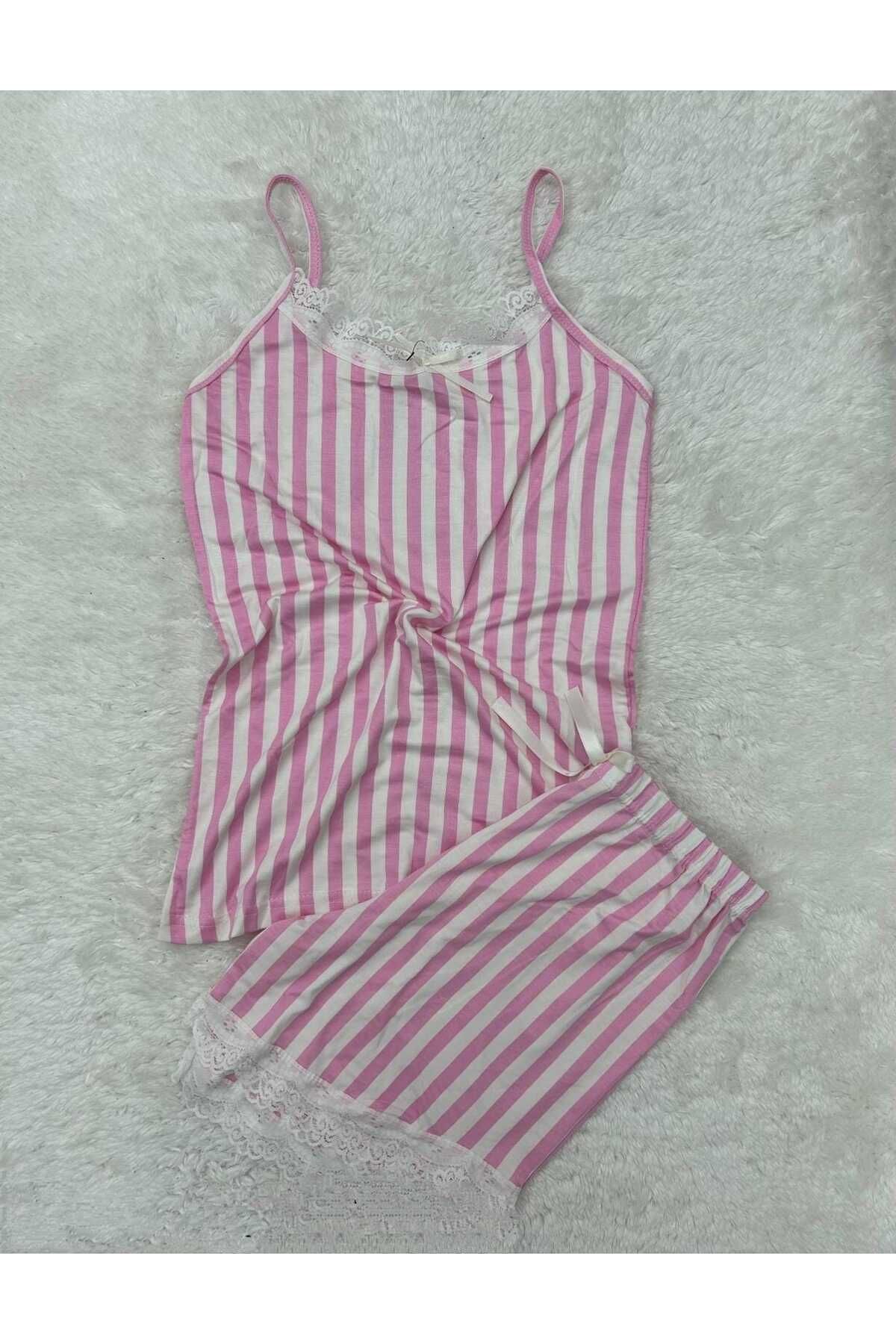 XORVİO Kadın İp Askılı Desen Şortlu Takım Dantel Detaylı Şık Yazlık Büyük Beden Battal Pijama