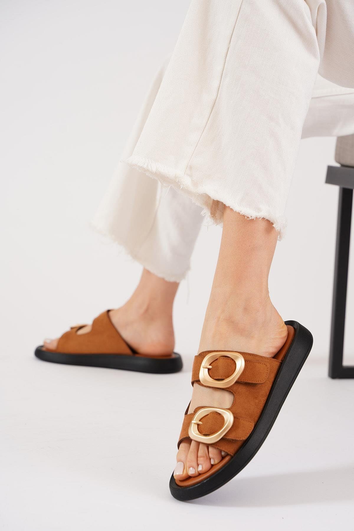Moda Pie Epia Çift Tokalı Kadın Terlik Taba Süet