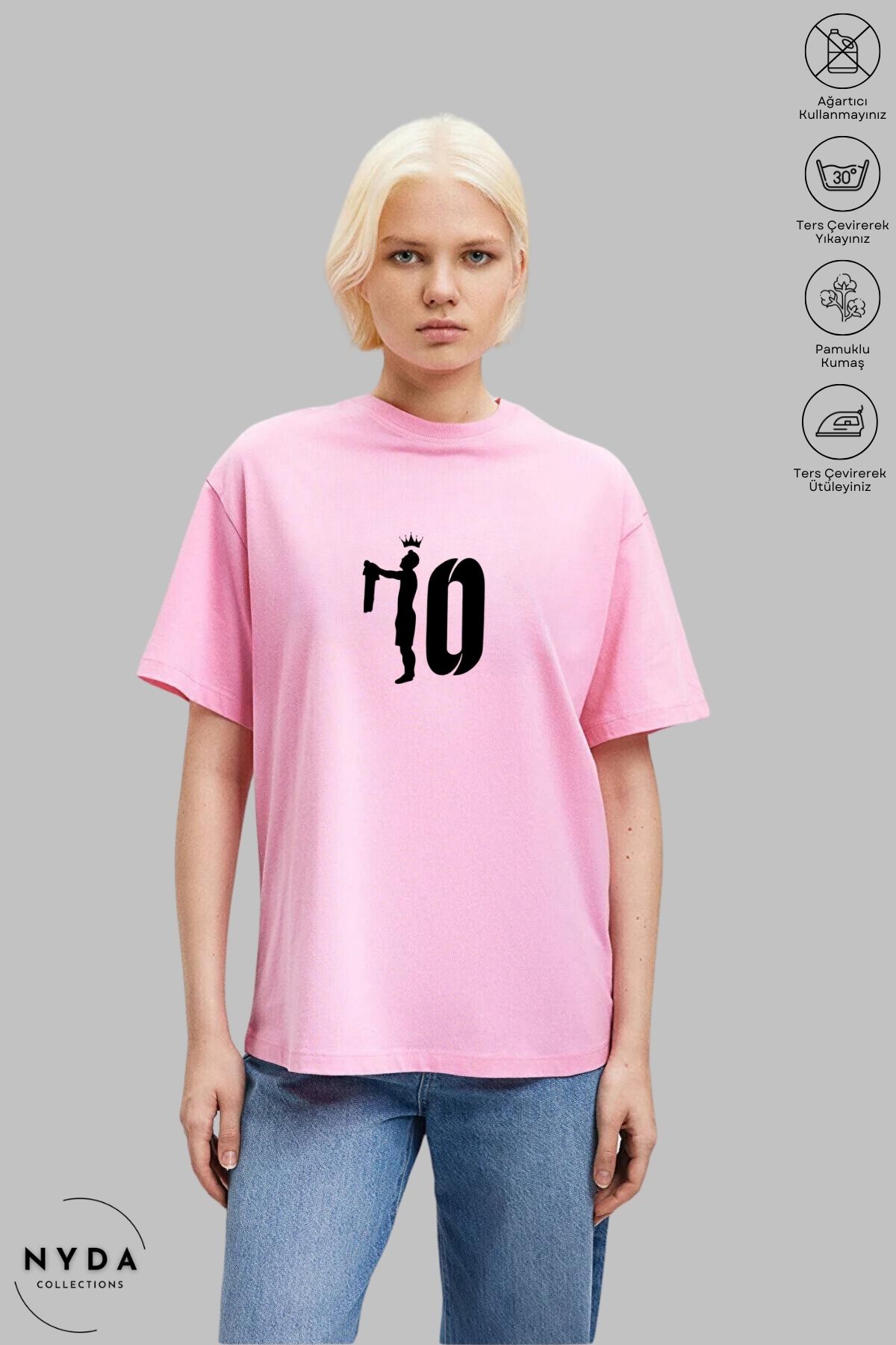 Nyda Collections Unisex Bisiklet Yaka 10 Numara Taç Baskılı Pamuk Oversize Kısa Kollu Tişört
