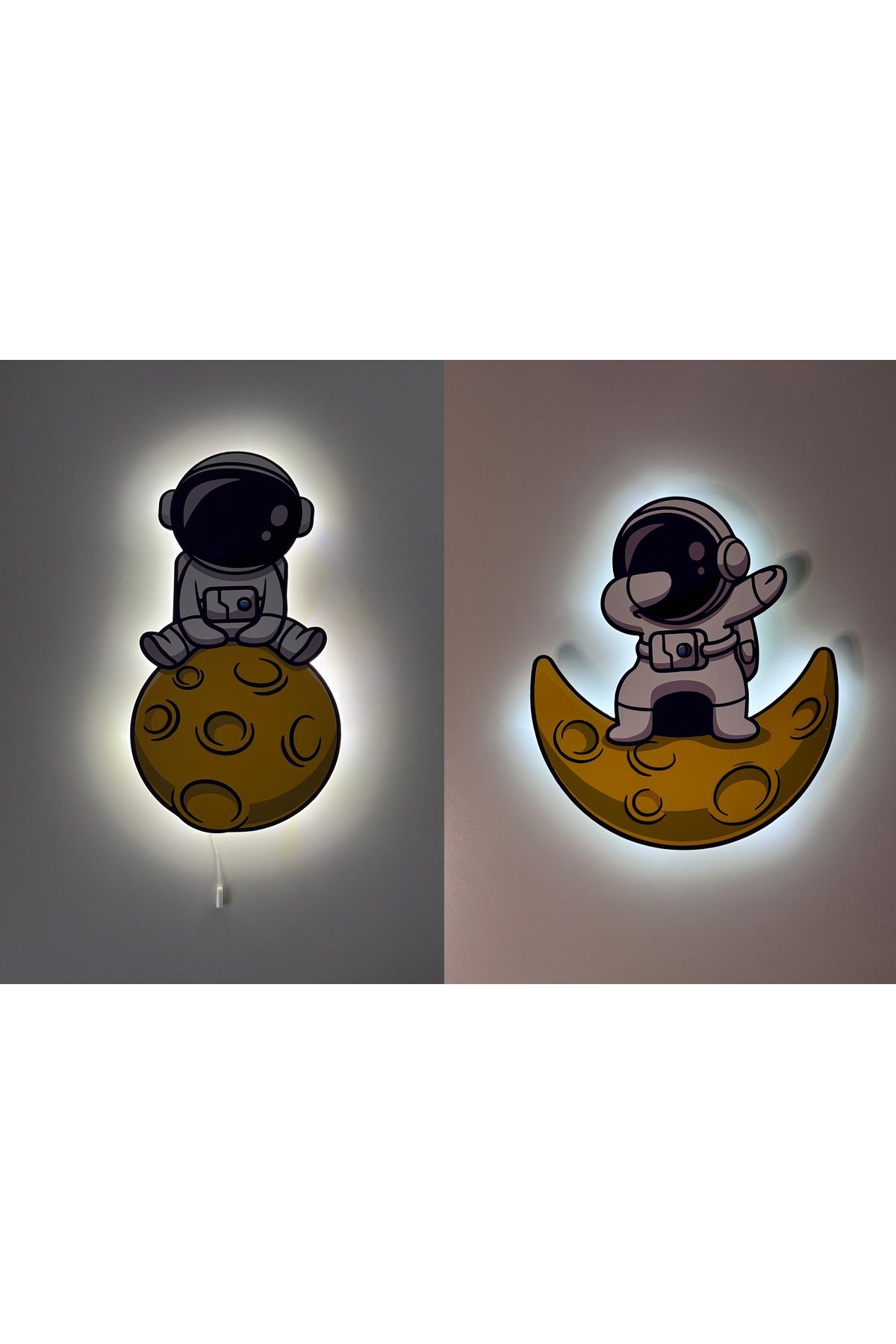 UViolets Dekoratif Ahşap Baskılı Ayda Oturan Ve Ay Üstünde Astronot Çocuk Odası Gece Lambası (2'Lİ ÜRÜN)