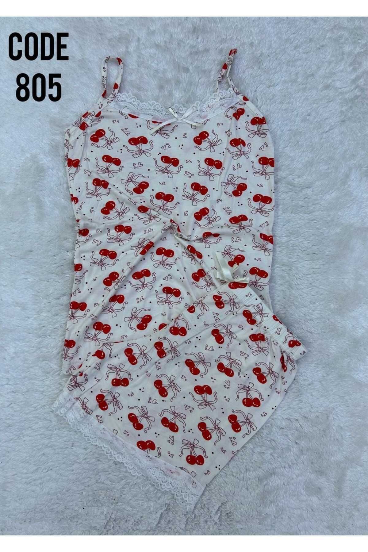 XORVİO Kadın İp Askılı Desen Şortlu Takım Dantel Detaylı Şık Yazlık Büyük Beden Battal Pijama