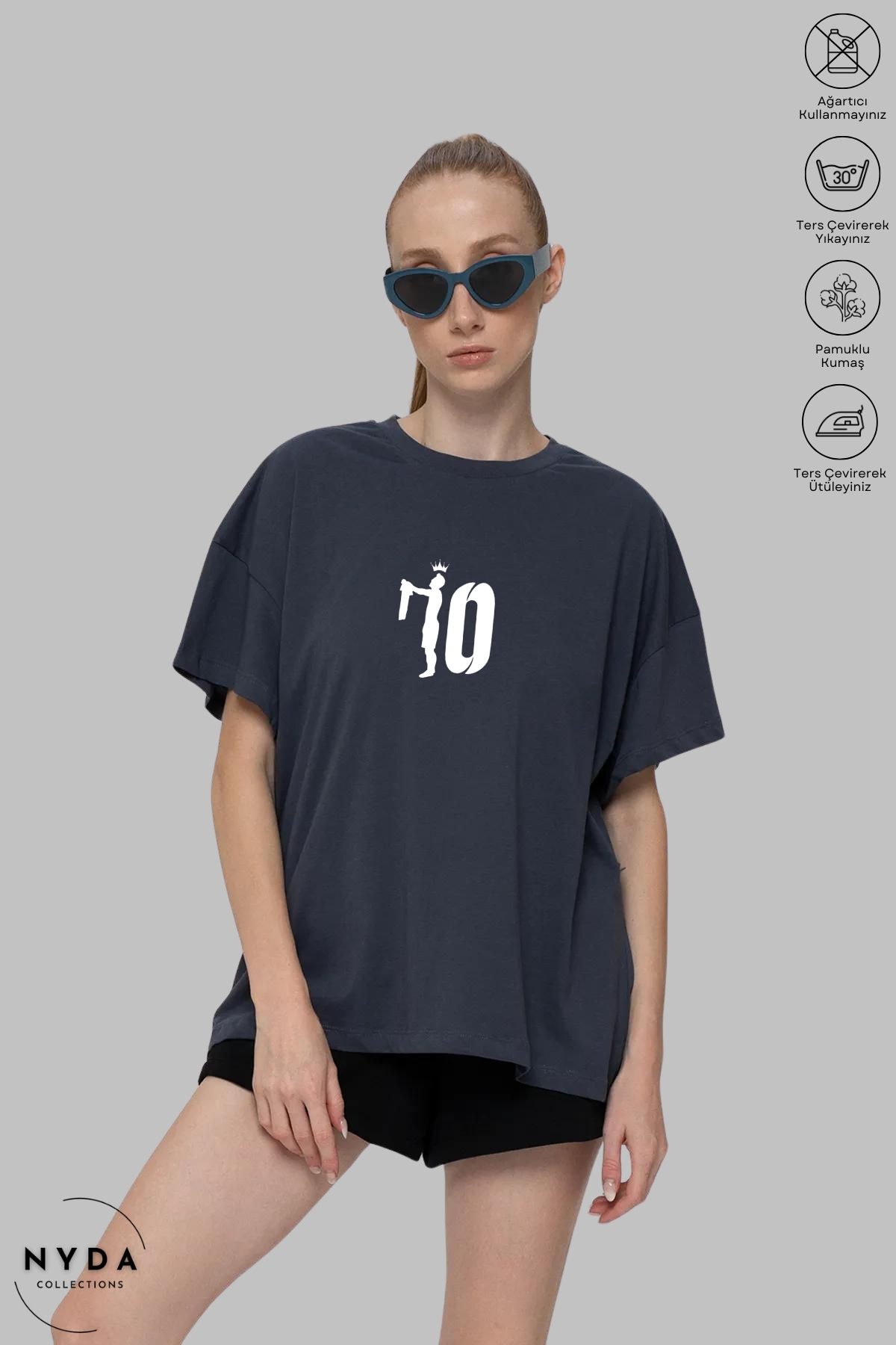 Nyda Collections Unisex Bisiklet Yaka 10 Numara Taç Baskılı Pamuk Oversize Kısa Kollu Tişört