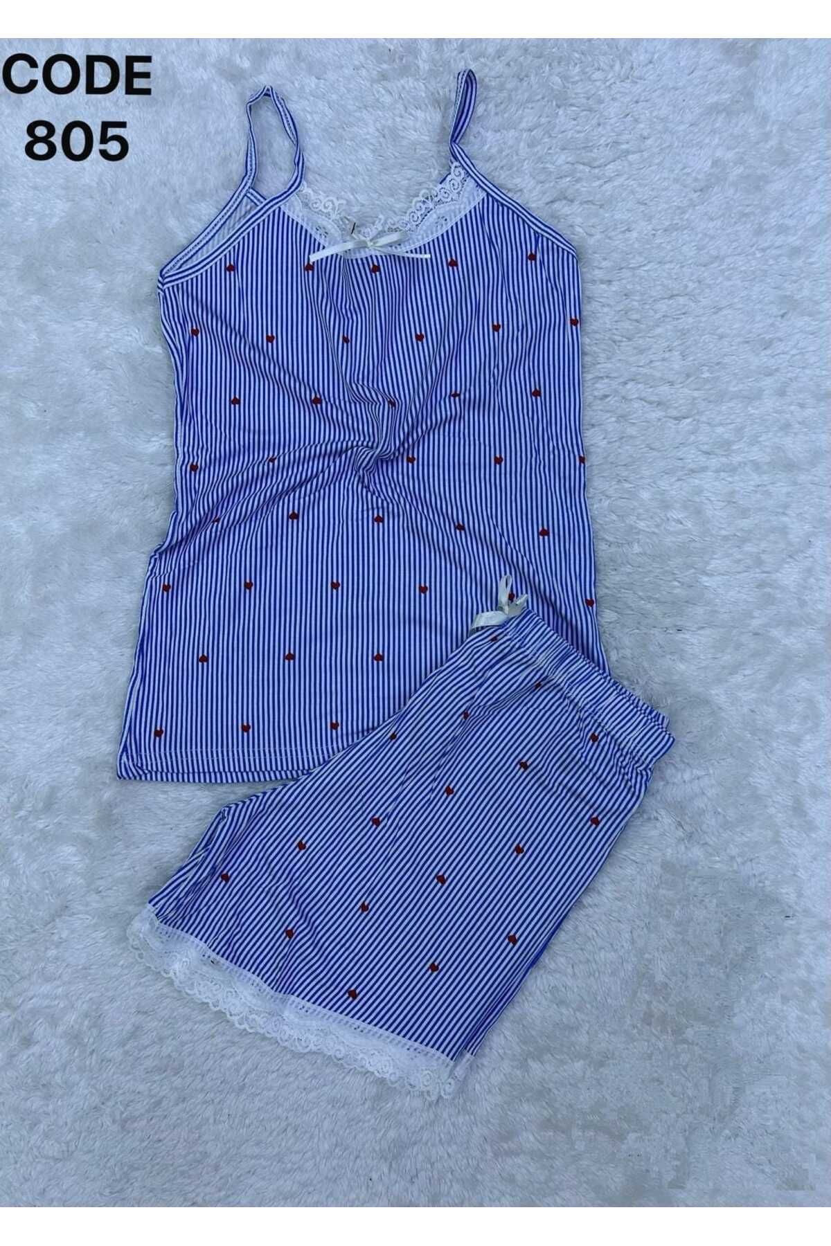 XORVİO Kadın İp Askılı Desen Şortlu Takım Dantel Detaylı Şık Yazlık Büyük Beden Battal Pijama