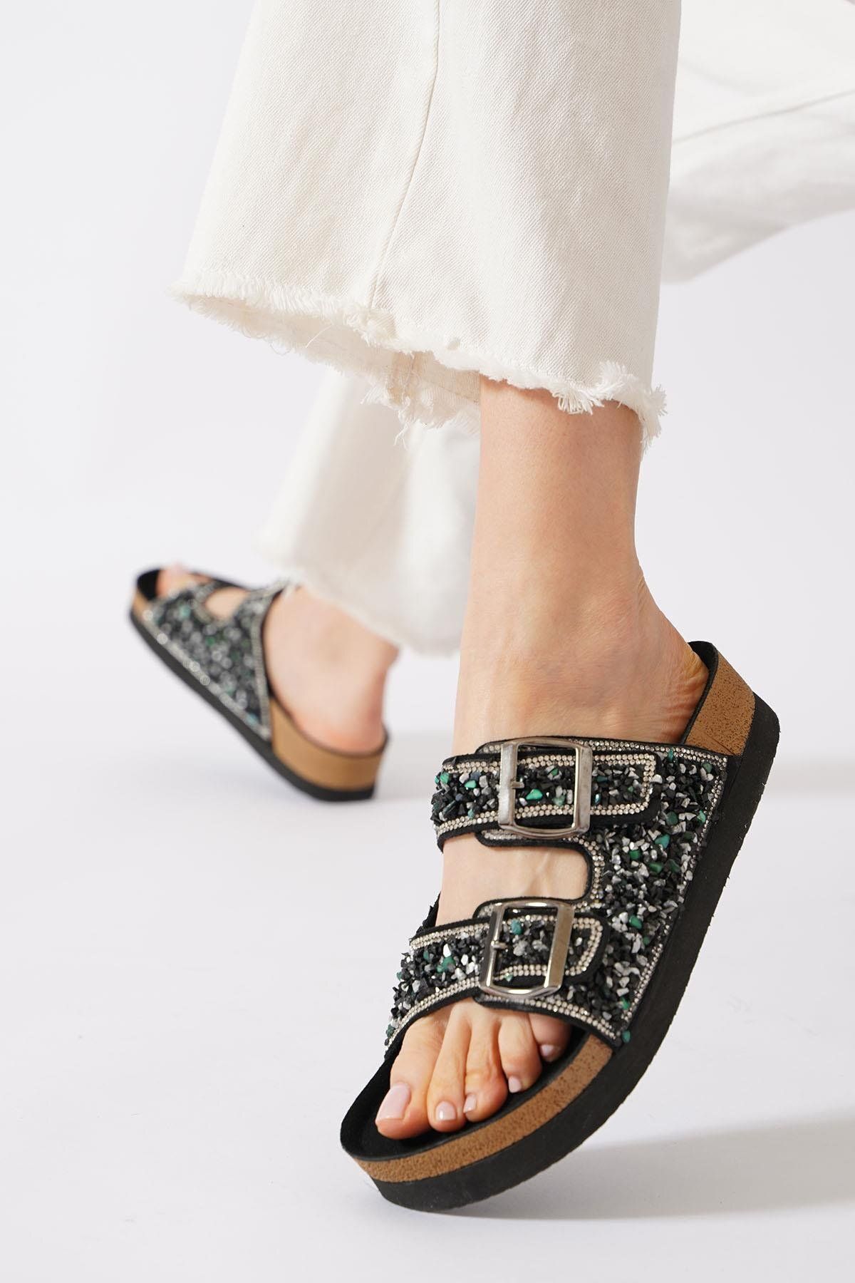 Moda Pie Erika Çift Tokalı Taşlı Terlik Siyah