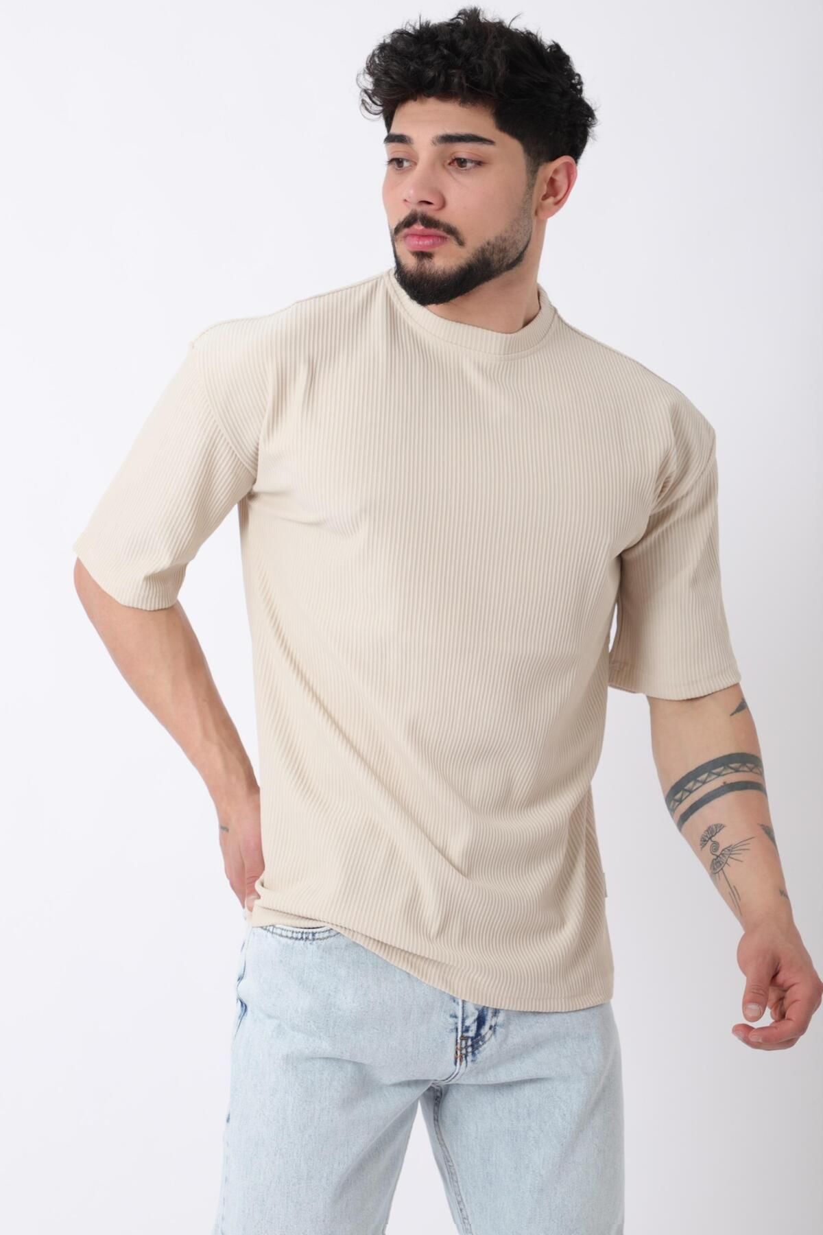 Stilkombin Çizgili Oversize Bisiklet Yaka Tişört STU-2452_30463