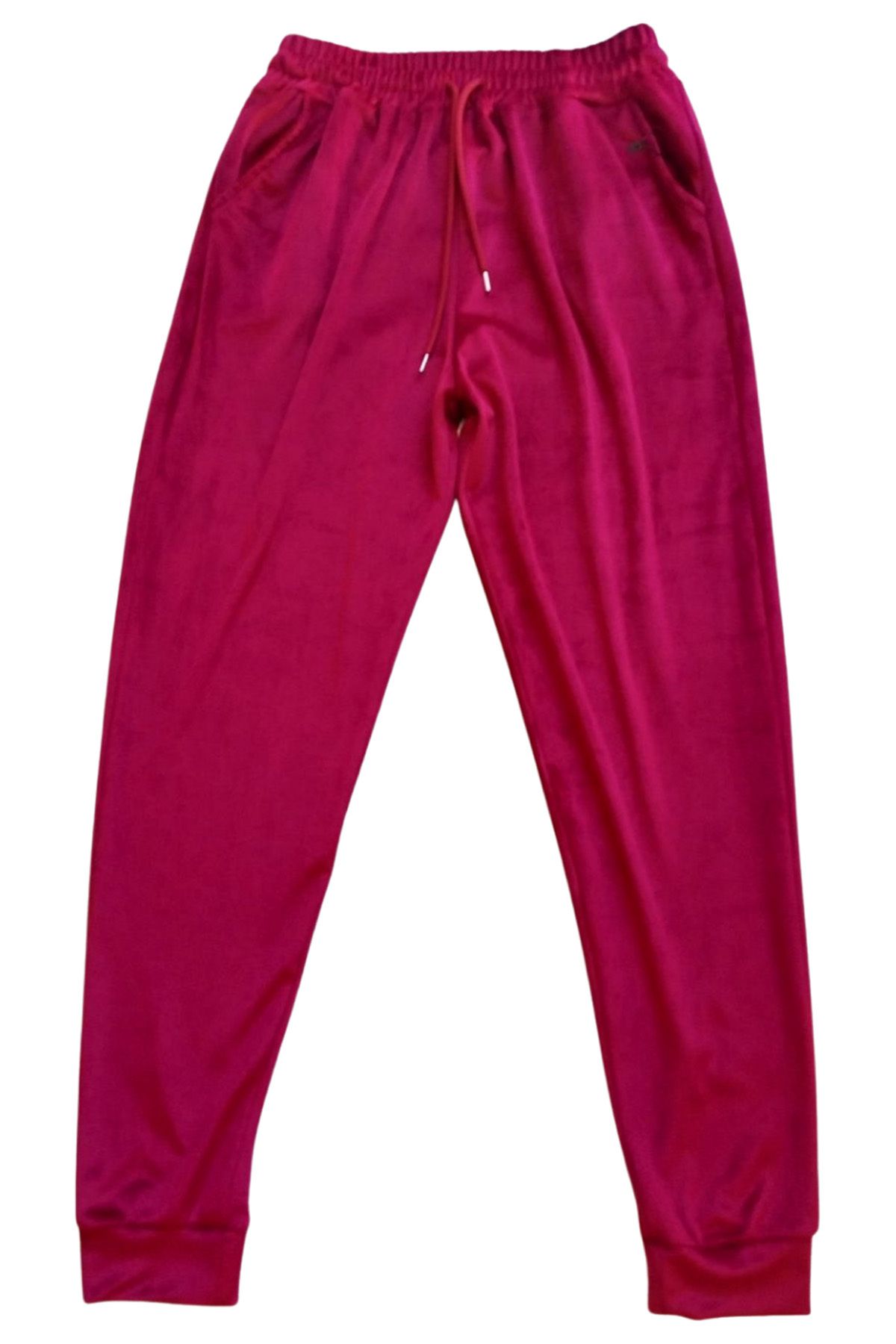 Shop58 Parlak Kadife Cepli Pantolon Eşofman Pijama Altı Unisex Lastikli Paça Bordo