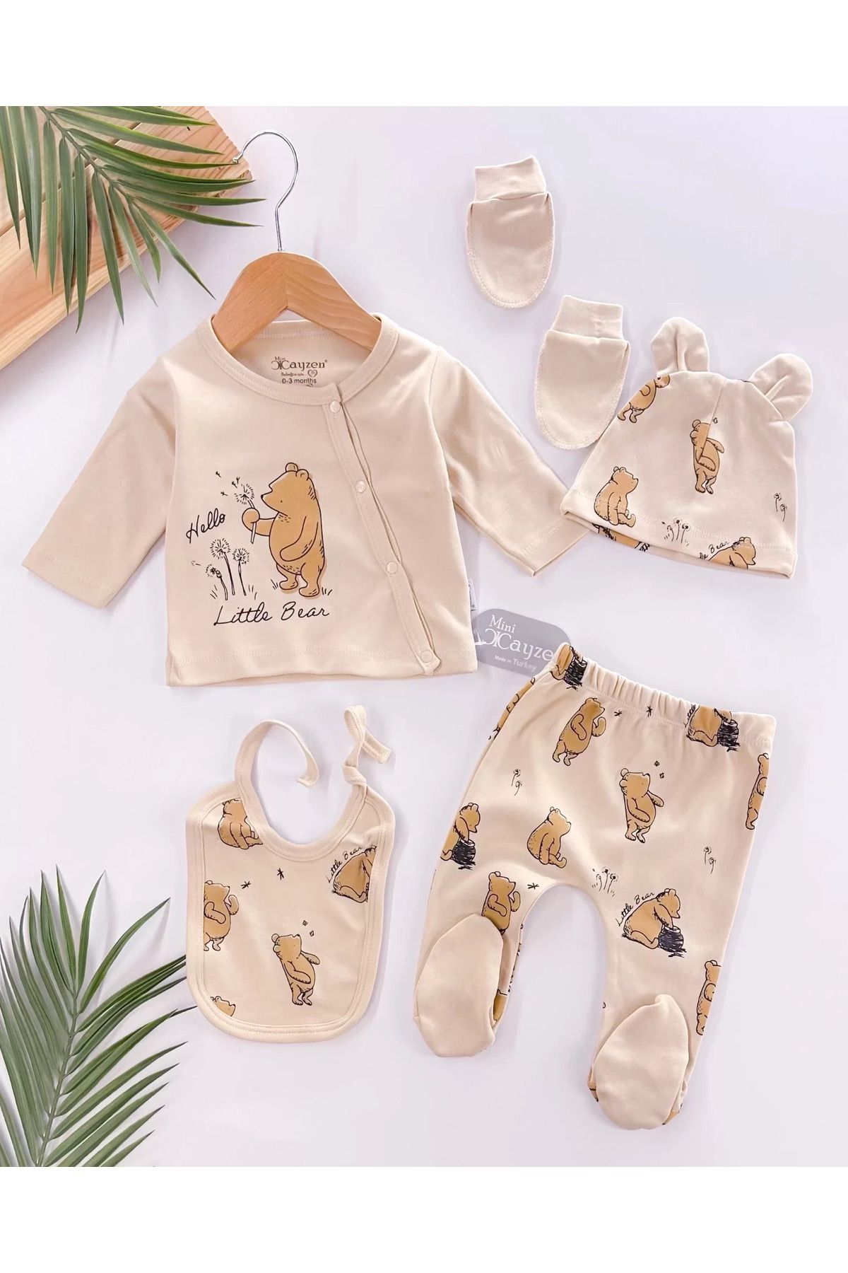 Shop58 Hello Little Bear Baskılı 5 Parça %100 Pamuk Erkek Bebek Hastane Çıkışı