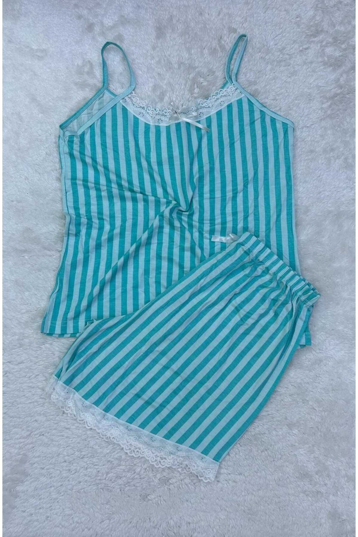XORVİO Kadın İp Askılı Desen Şortlu Takım Dantel Detaylı Şık Yazlık Büyük Beden Battal Pijama