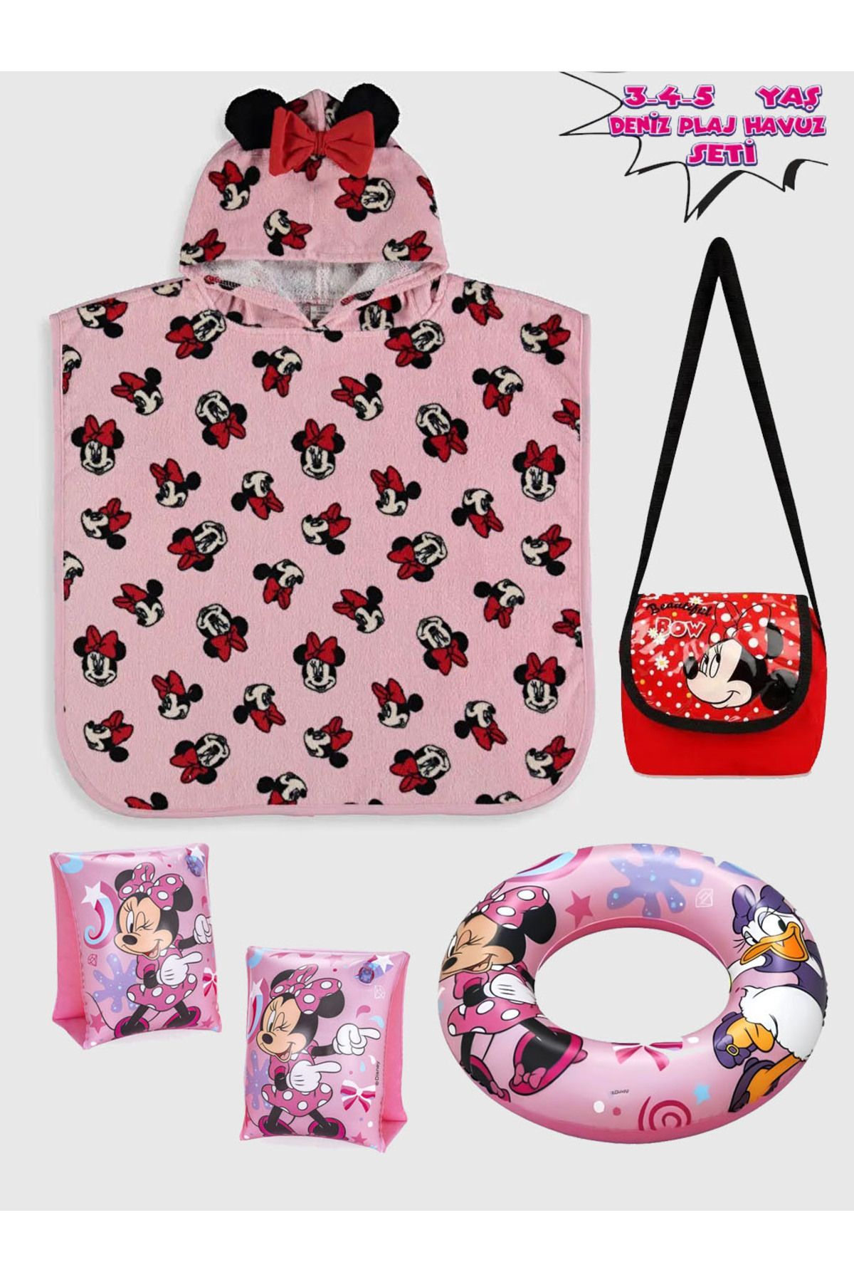 Minnie Mouse 3-5 Yaş Kız Çocuk Plaj Havlusu Panço ve Yüzme Seti + Taşıma Çantalı Yüzme Kolluk + Yüzme Can Simit