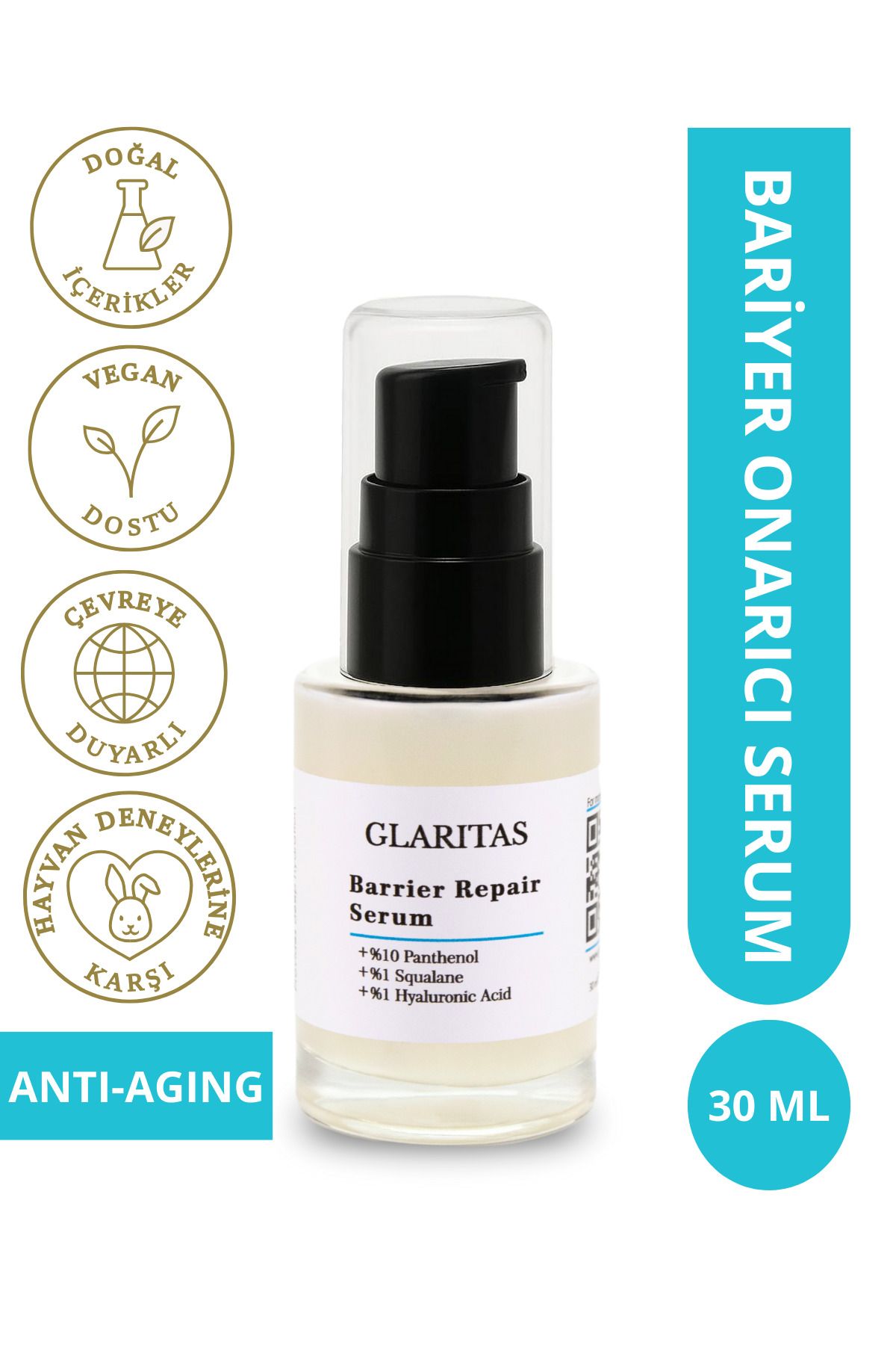 Glaritas Bariyer Onarıcı, Yaşlanma Karşıtı Serum, %10 Panthenol, %1 Squalane, %1 Hyaluronic Acid 30 ml