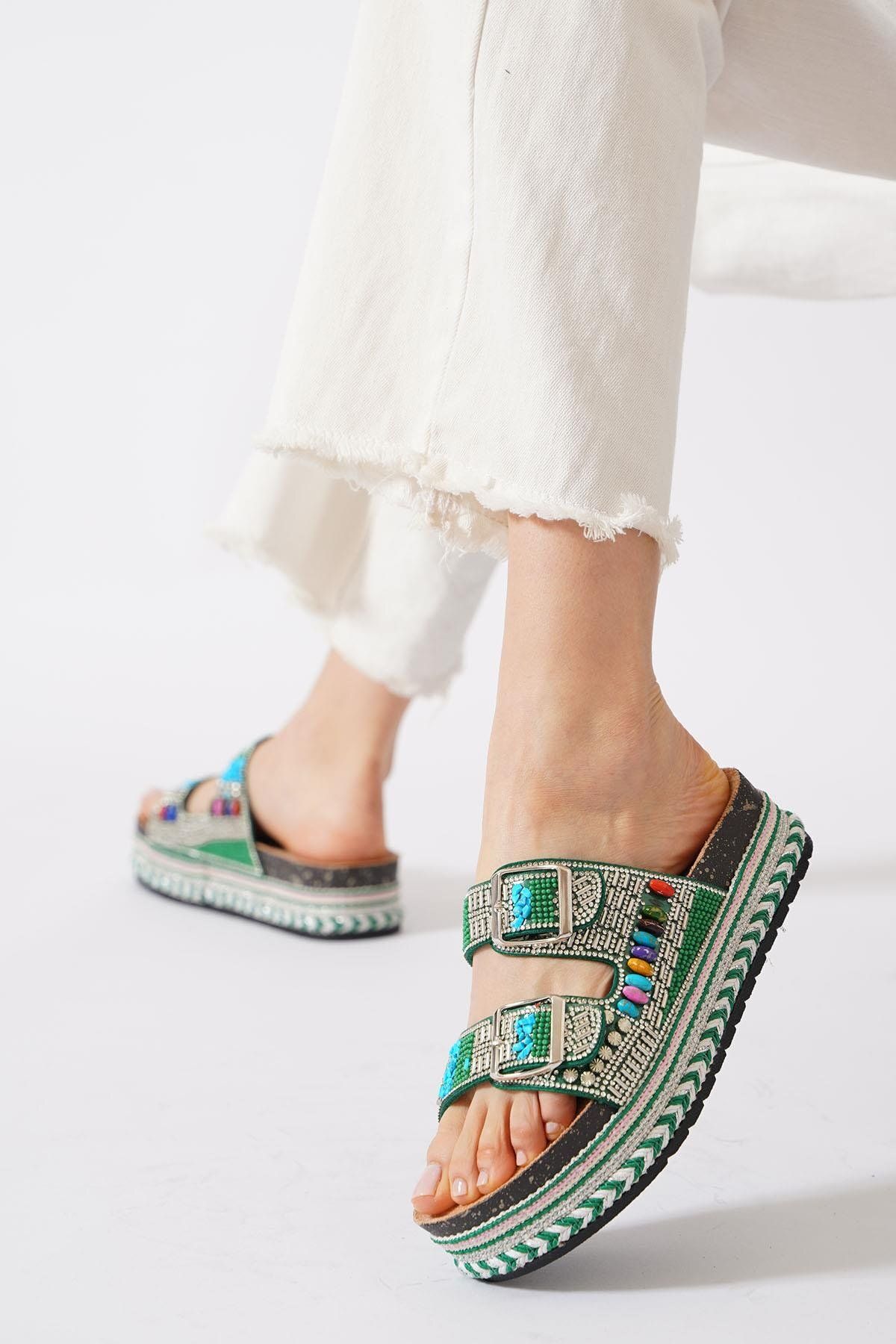 Moda Pie Loases Çift Tokalı Taşlı Kadın Terlik Yeşil
