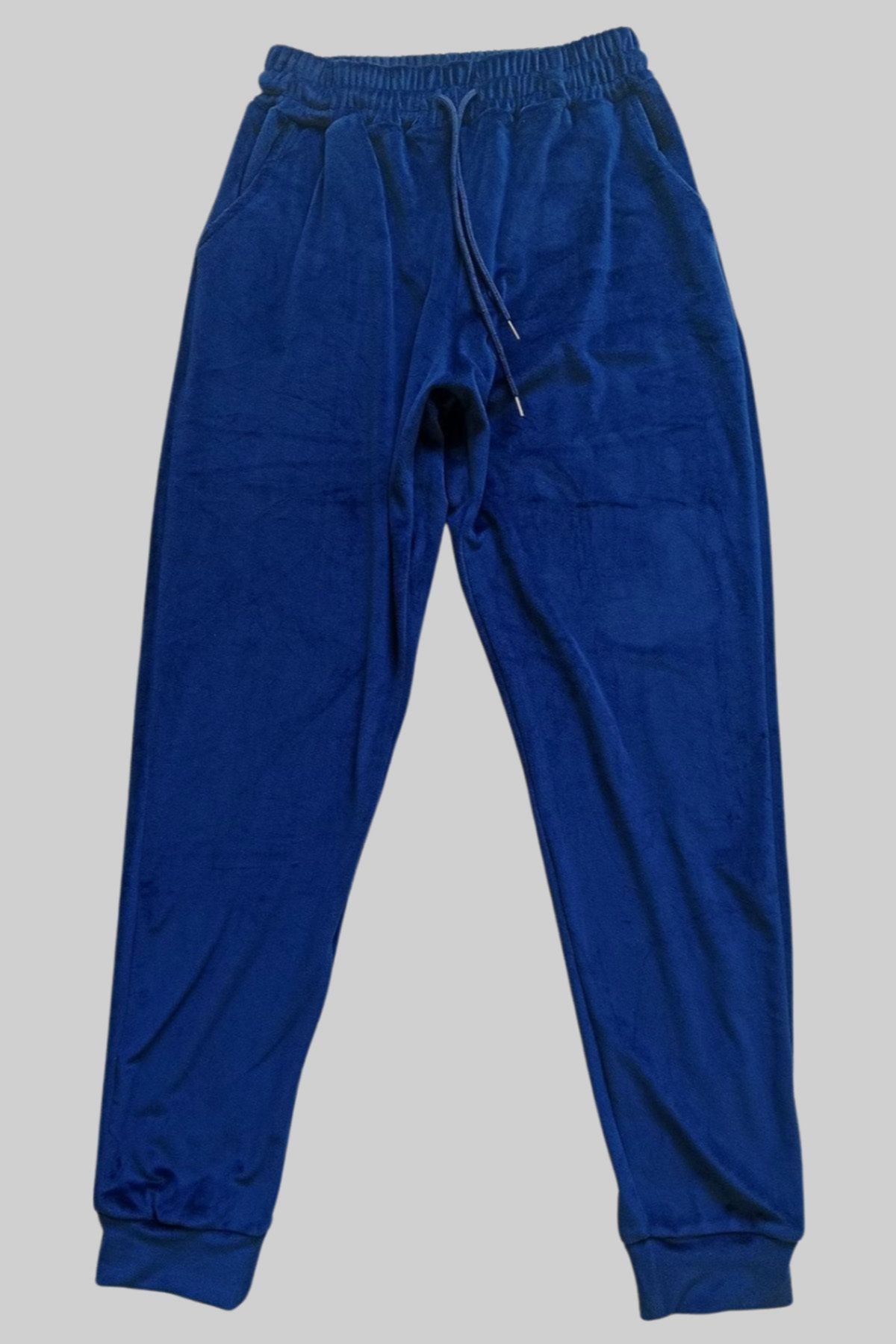 Shop58 Parlak Kadife Cepli Pantolon Eşofman Pijama Altı Büyük Beden Unisex Lastikli Paça Lacivert