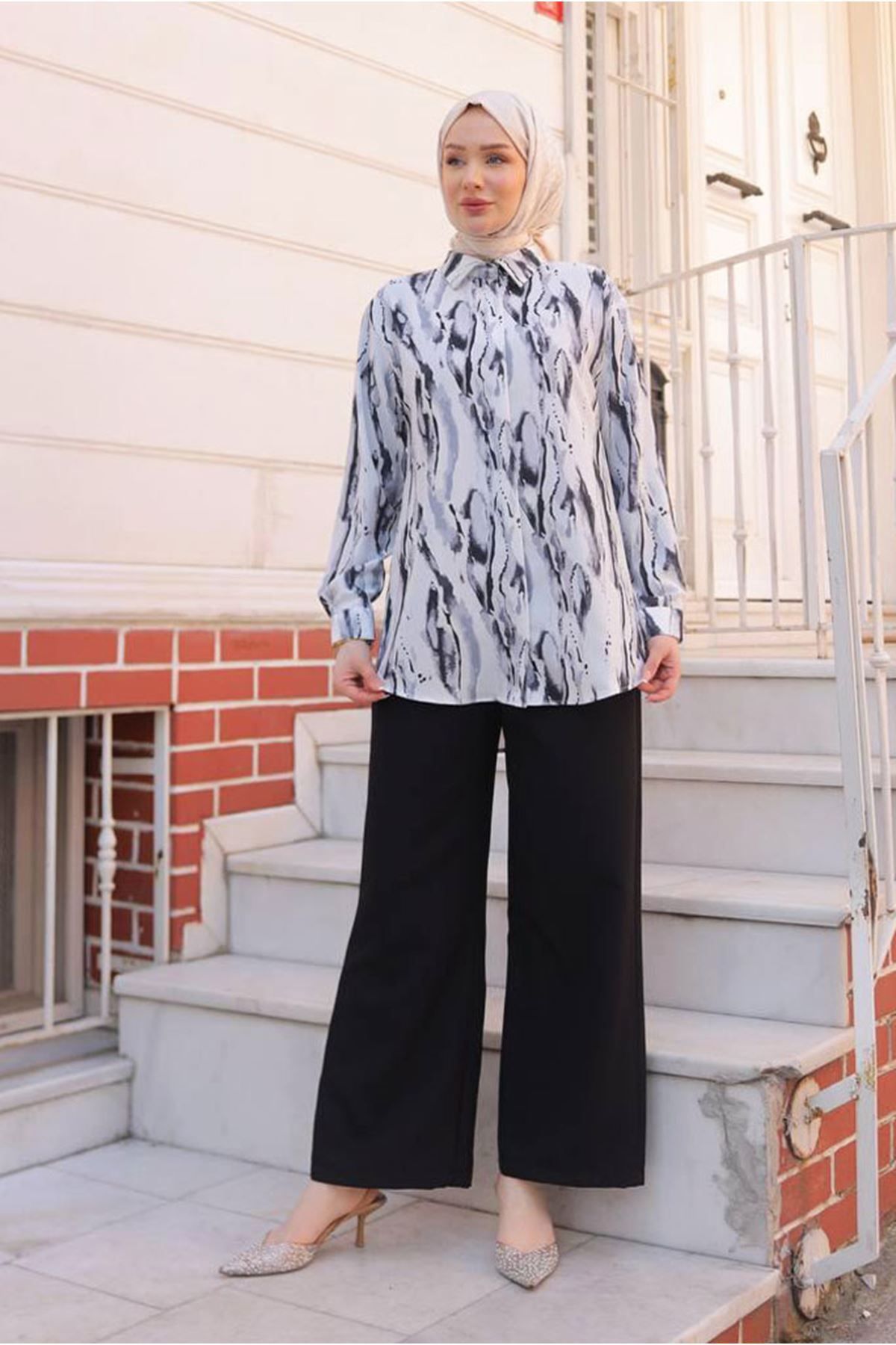 Moda Rosa 25Y7565 - SİYAH - DESENLİ GÖMLEKLİ TAKIM