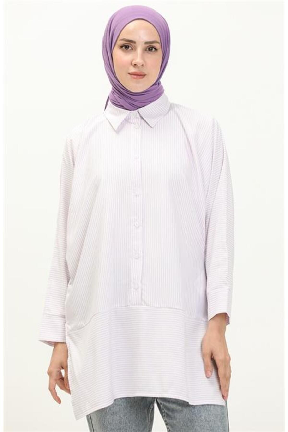 Shop58 Yırtmaç Detaylı Uzun Kollu Sade Basic Gömlek - 70042 - Lila