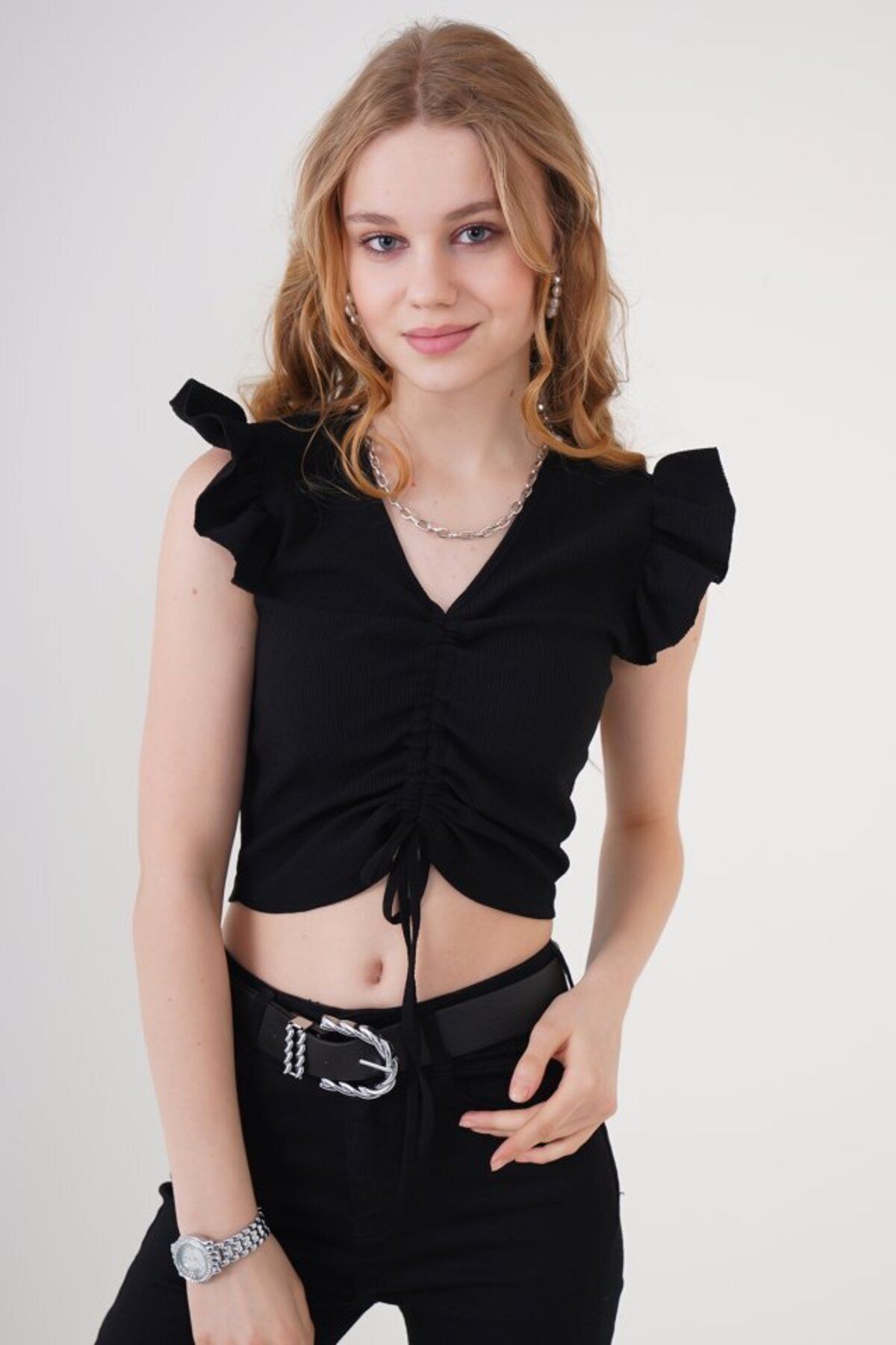 Şair 0423 Crop Örme Bluz - Siyah