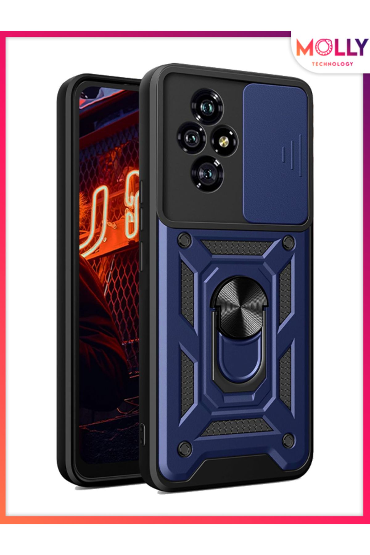 Molly HONOR 200 İçin Lacivert Kamera Lens Sürgülü Megatron Yüzüklü Silikon Kılıf