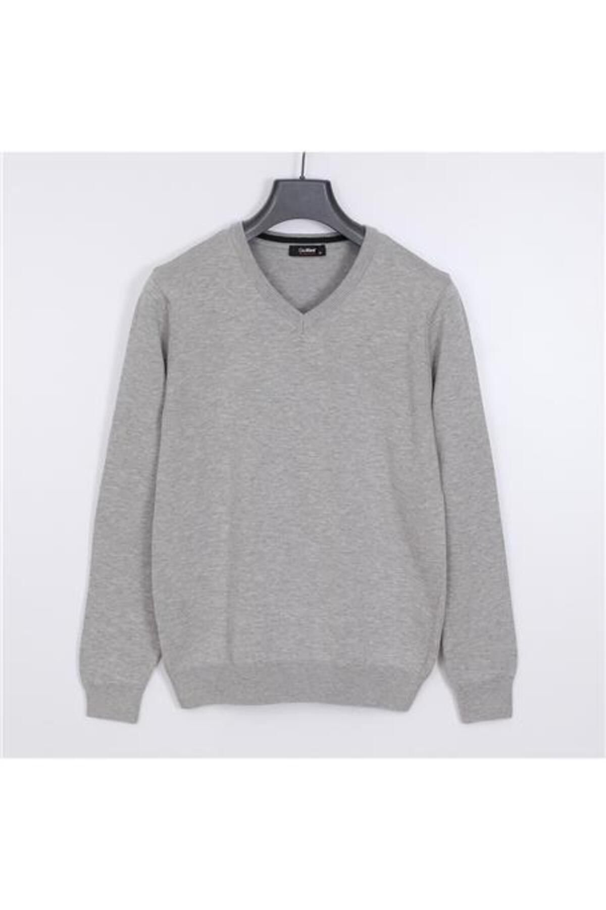 Shop58 Erkek Uzun Kol V Yaka Triko Kazak - 180537-1 - Gri Melanj