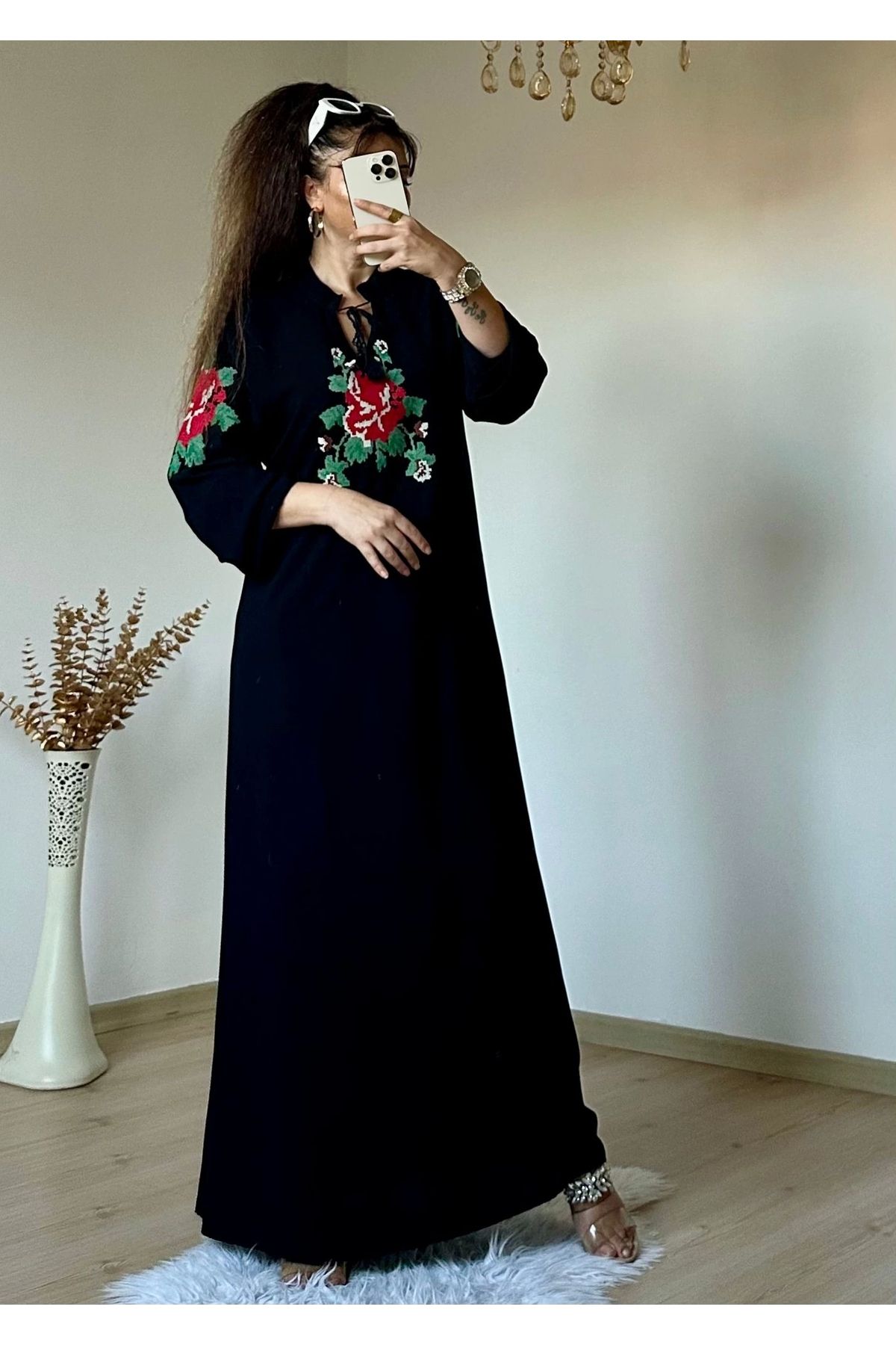 azra moda Çiçekli Nakış Desen Salaş Elbise