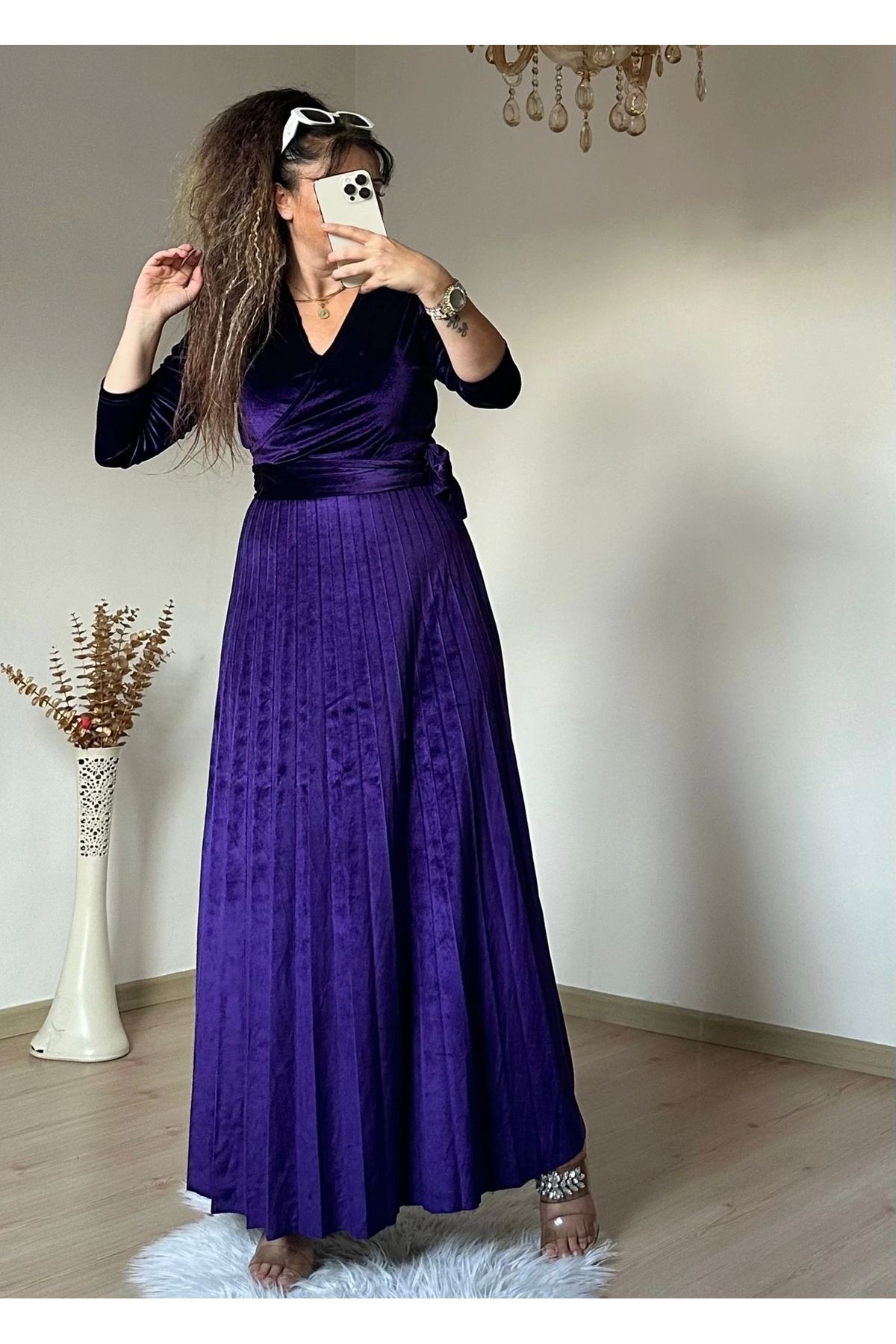azra moda Uzun Pileli Kadife Elbise Mor