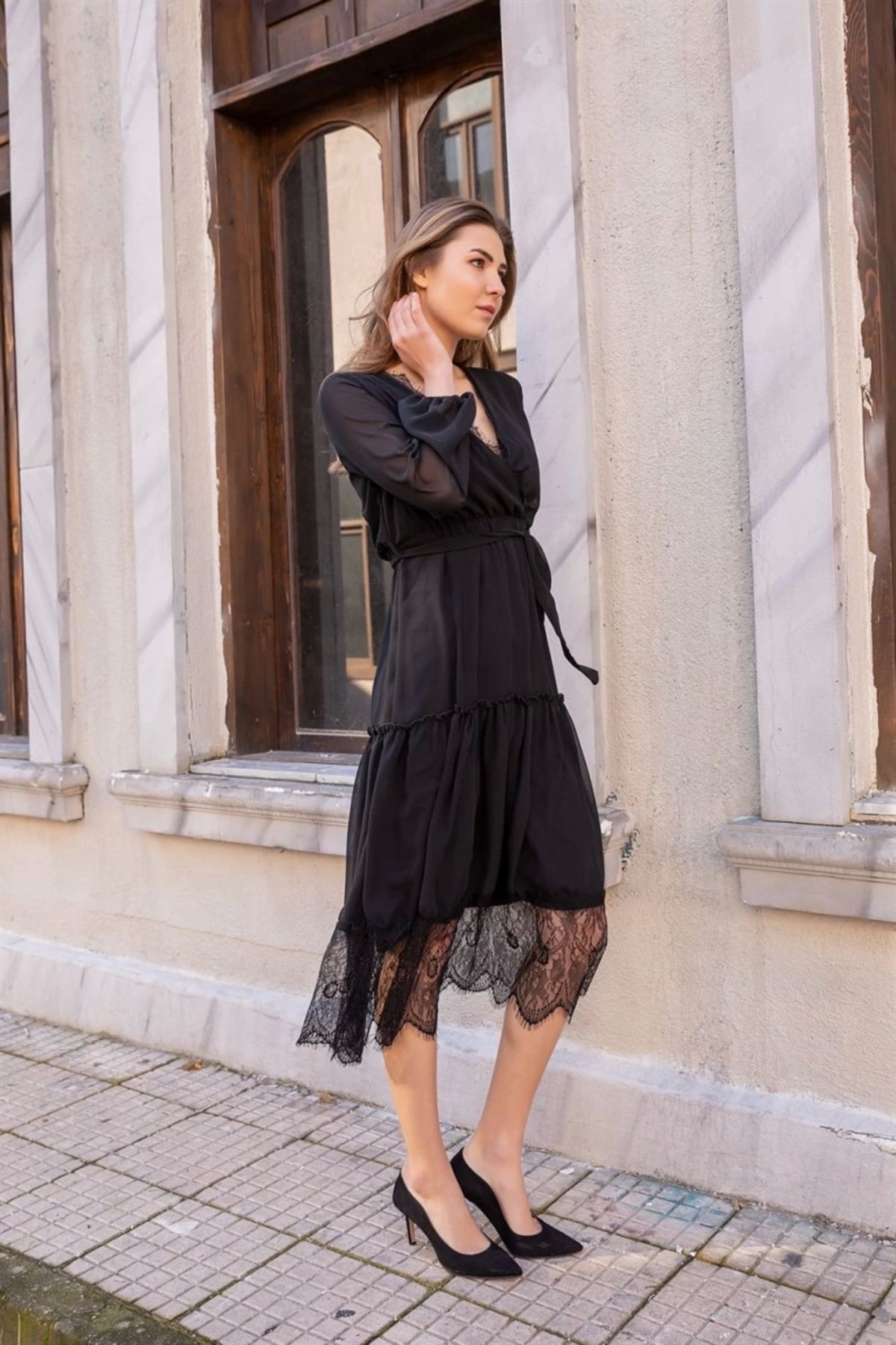 azra moda-Long Sleeve Skirt Tip Laced Dress - Black 3