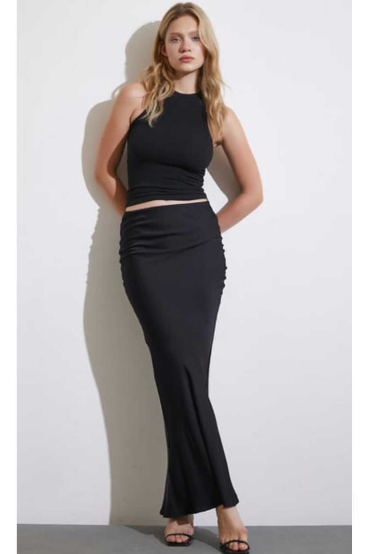 ButikSN collection Kadın Saten Etek Uzun Bel Lastikli