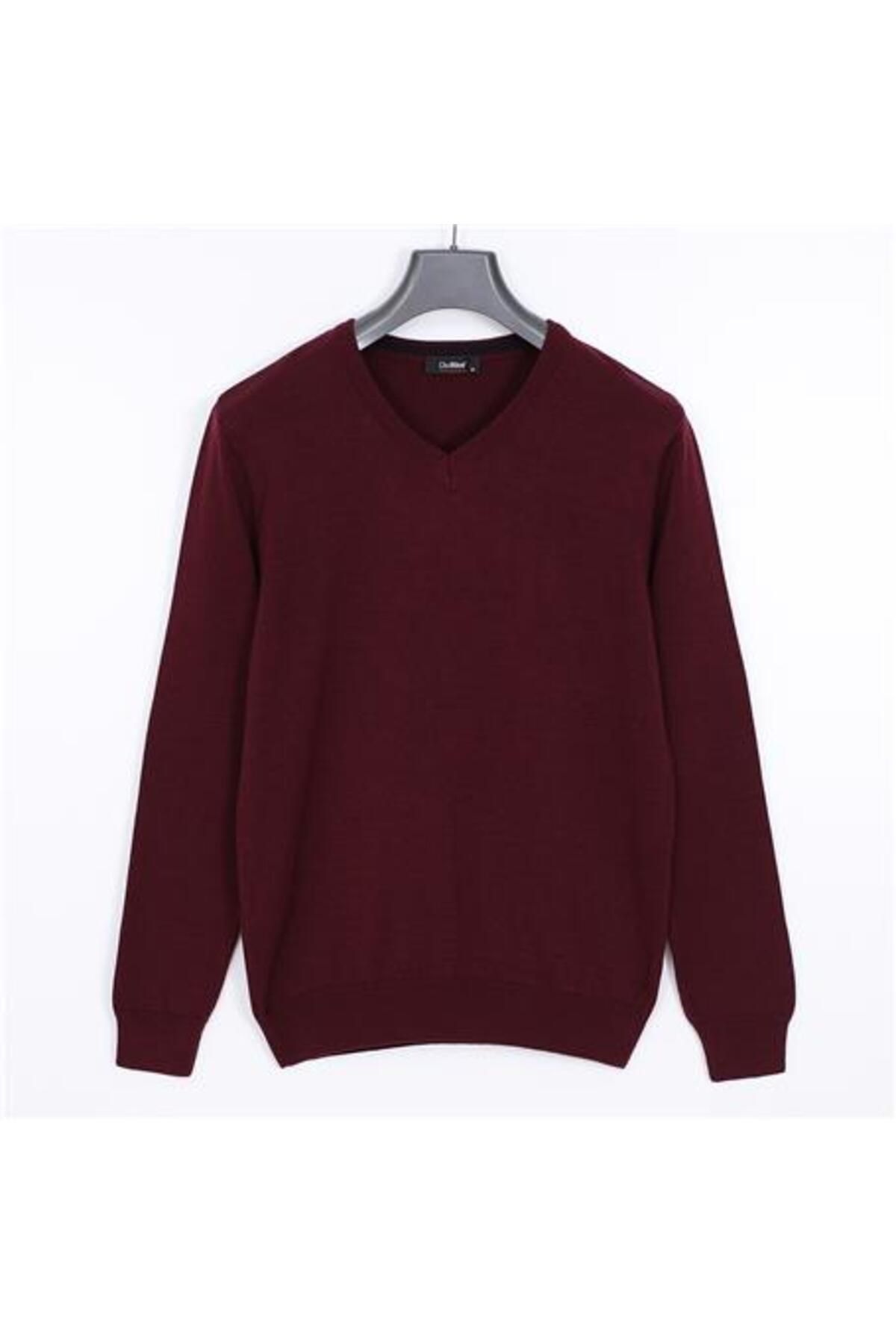 Shop58 Erkek Uzun Kol V Yaka Triko Kazak - 180537-1 - Koyu Vişne