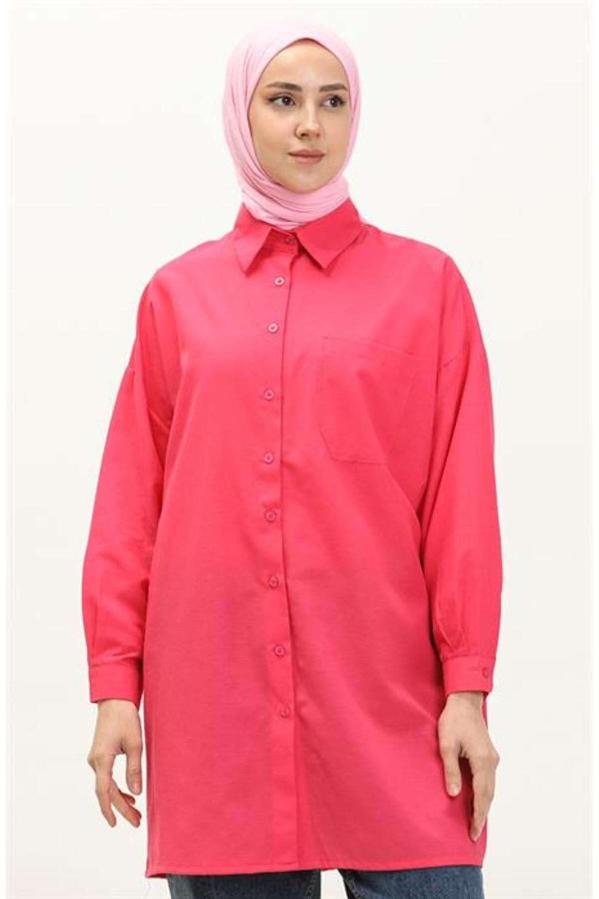 Shop58 Sade Basic Ovesize Gömlek - 70001 - Fuşya