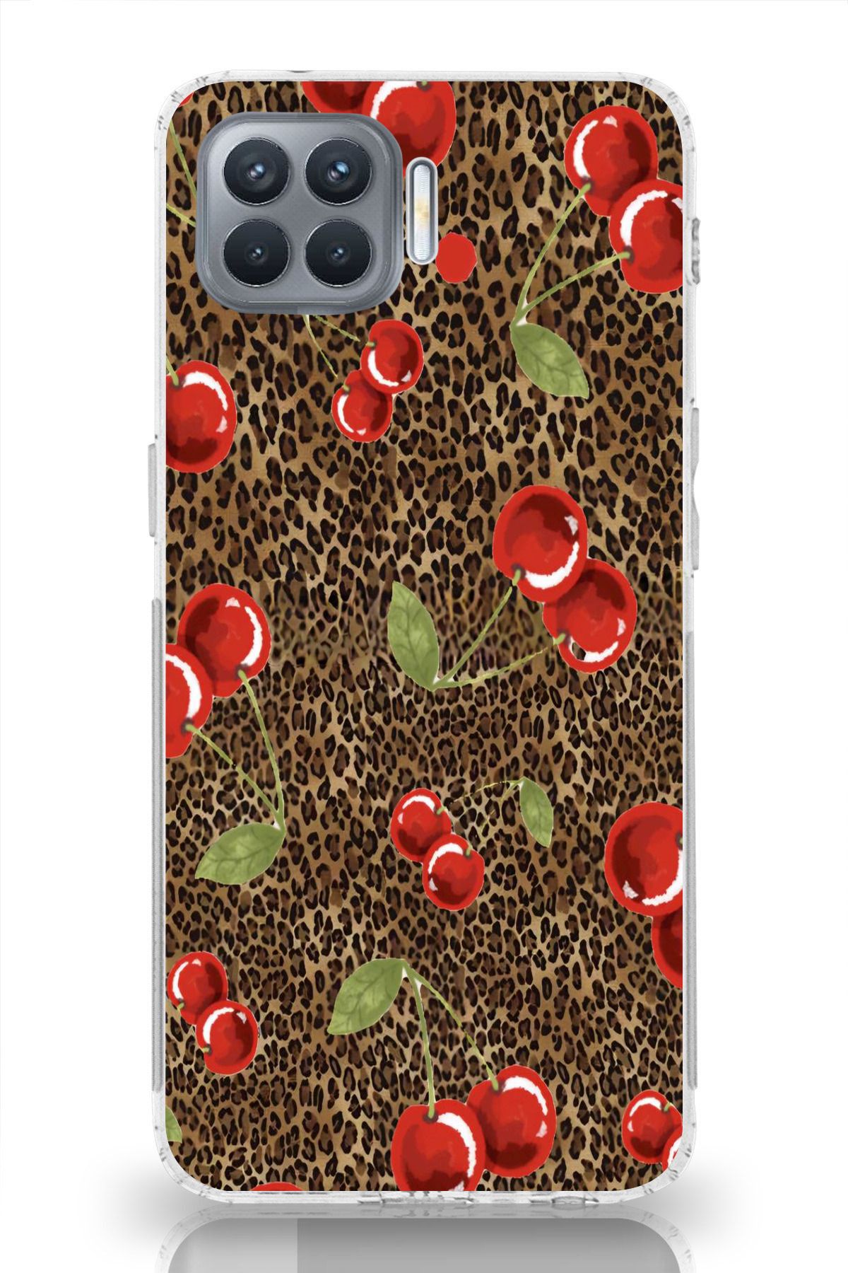 moonset Oppo Reno 4 Lite Uyumlu Leopar ve Kiraz Tasarımlı Baskılı Şeffaf Telefon Kılıfı