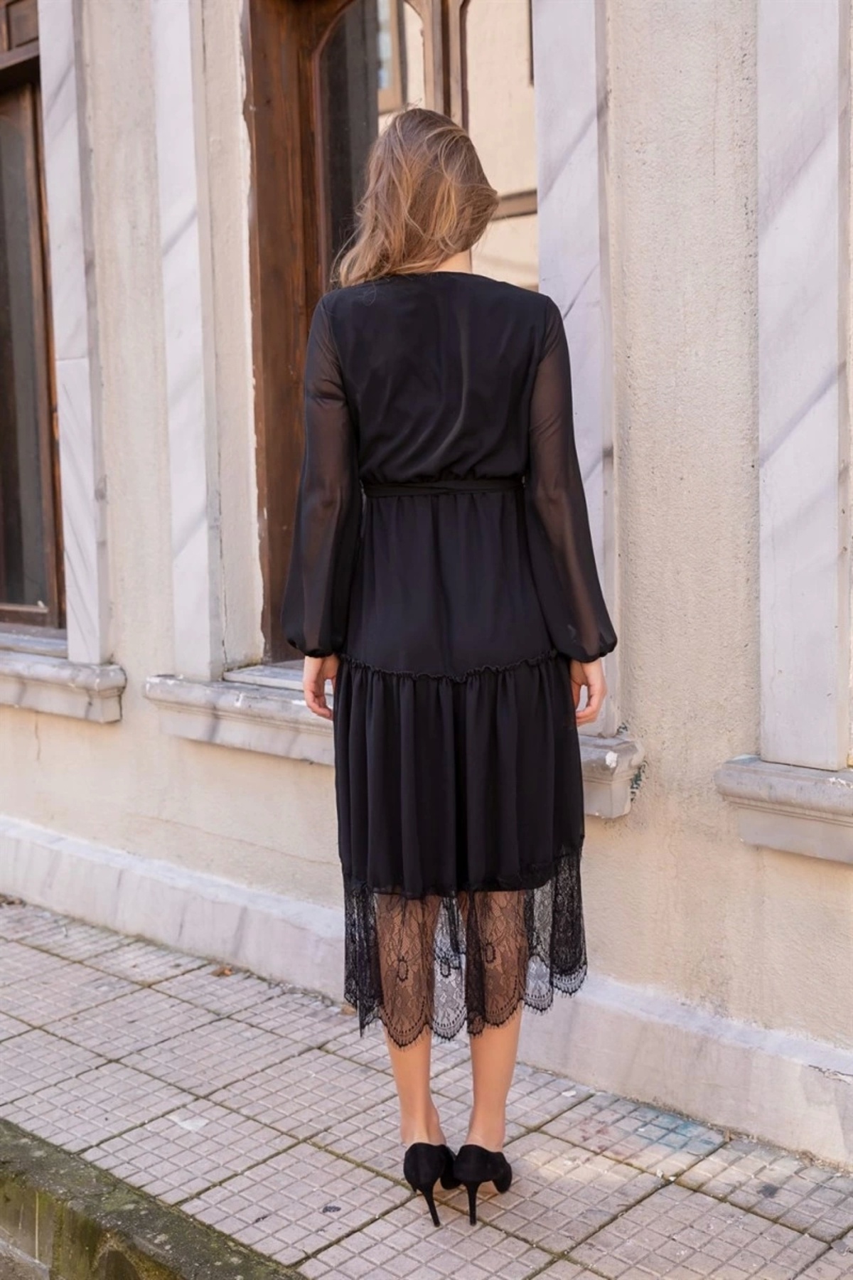 azra moda-Long Sleeve Skirt Tip Laced Dress - Black 4