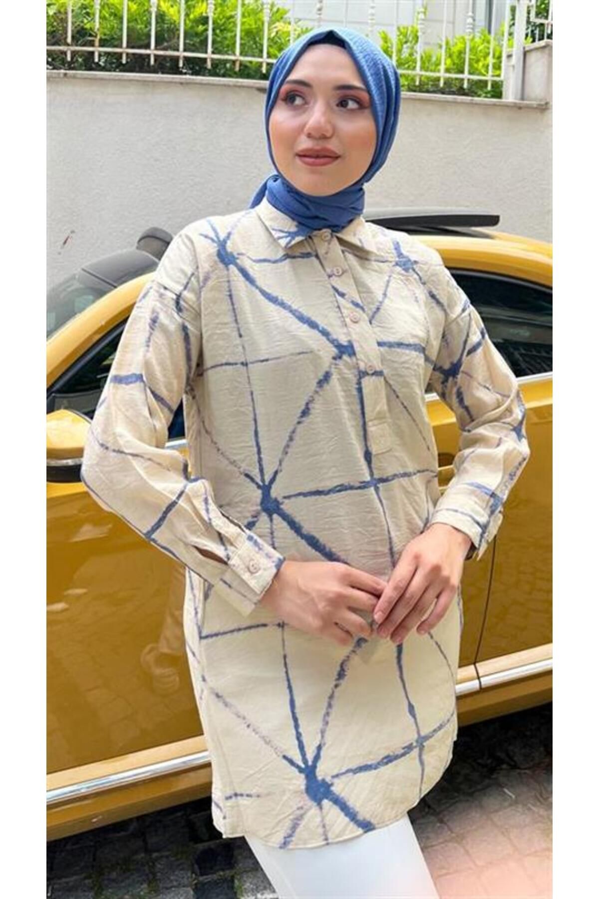 Shop58 Hera Kumaşı Kendinden Detaylı Gömlek - 71123 - Bej - Lacivert