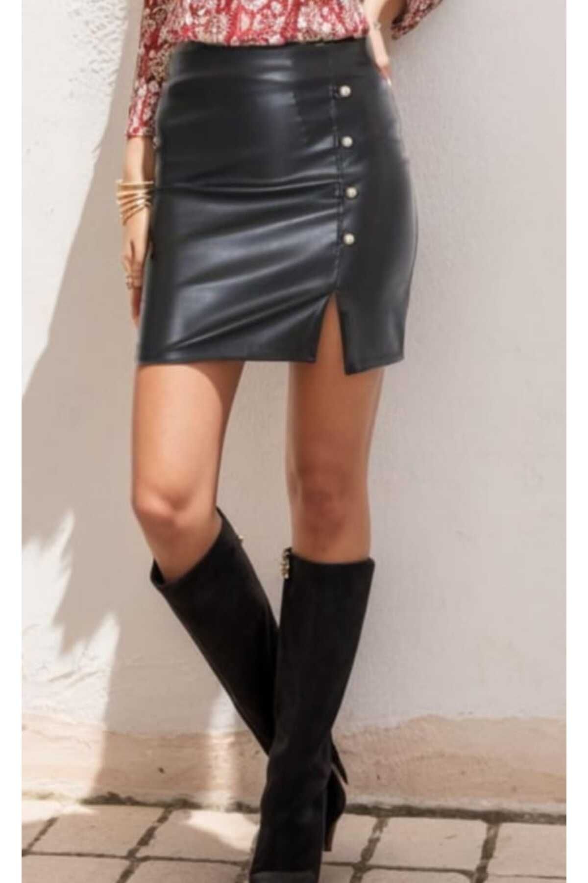 ButikSN collection Kadın Deri Mini Etek Düğme ve Yırtmaç Detaylı