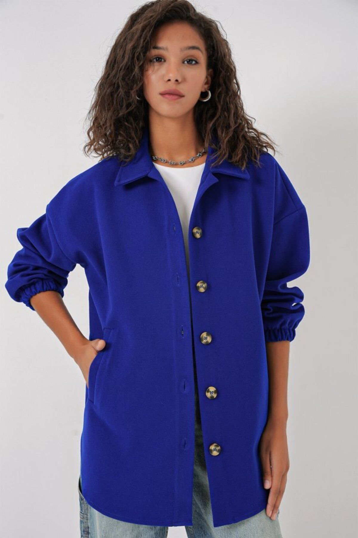 Şair 0674 Cepli Oversize Gömlek - Saks