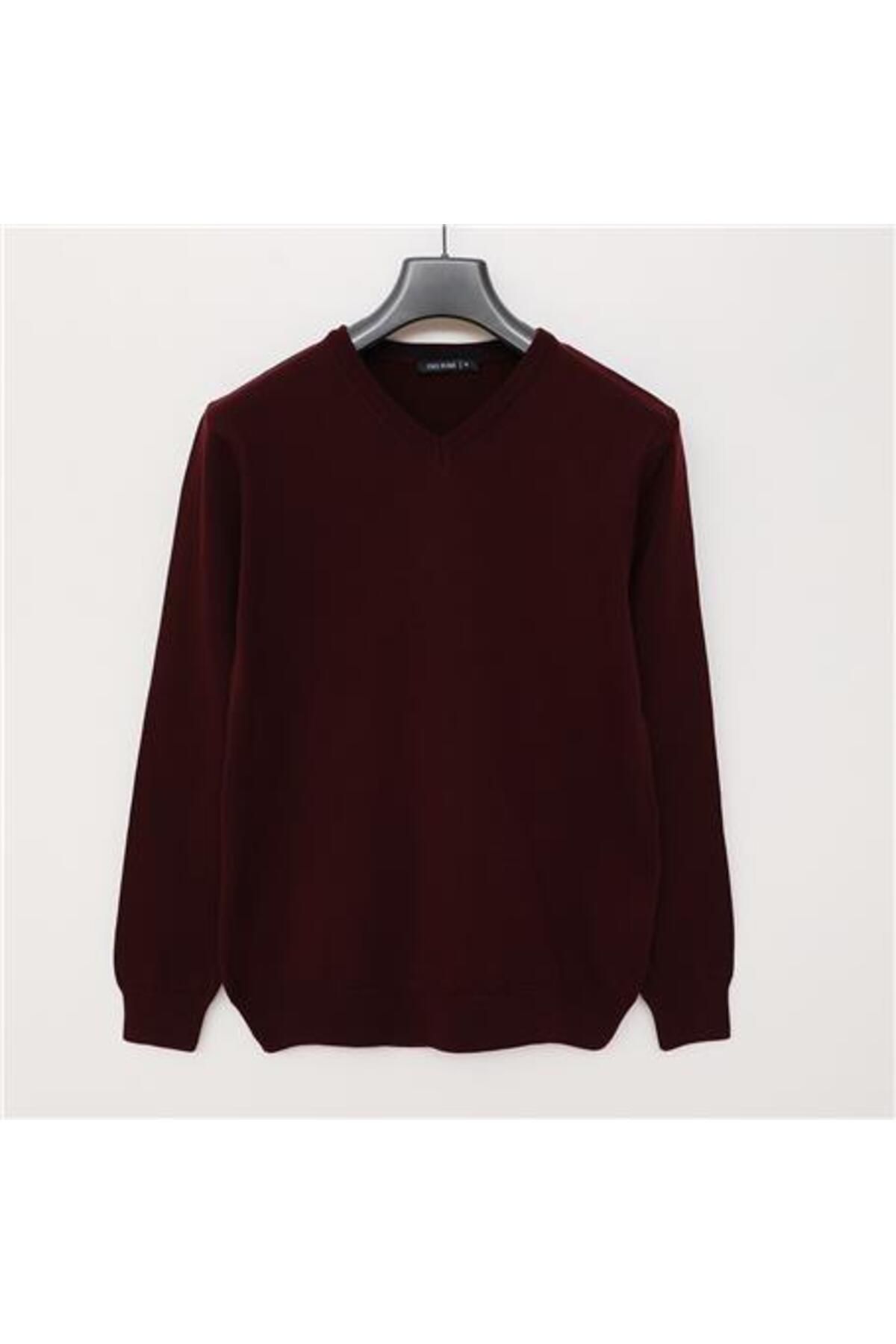 Shop58 Erkek Uzun Kol V Yaka Triko Kazak - 180537-1 - Koyu Bordo