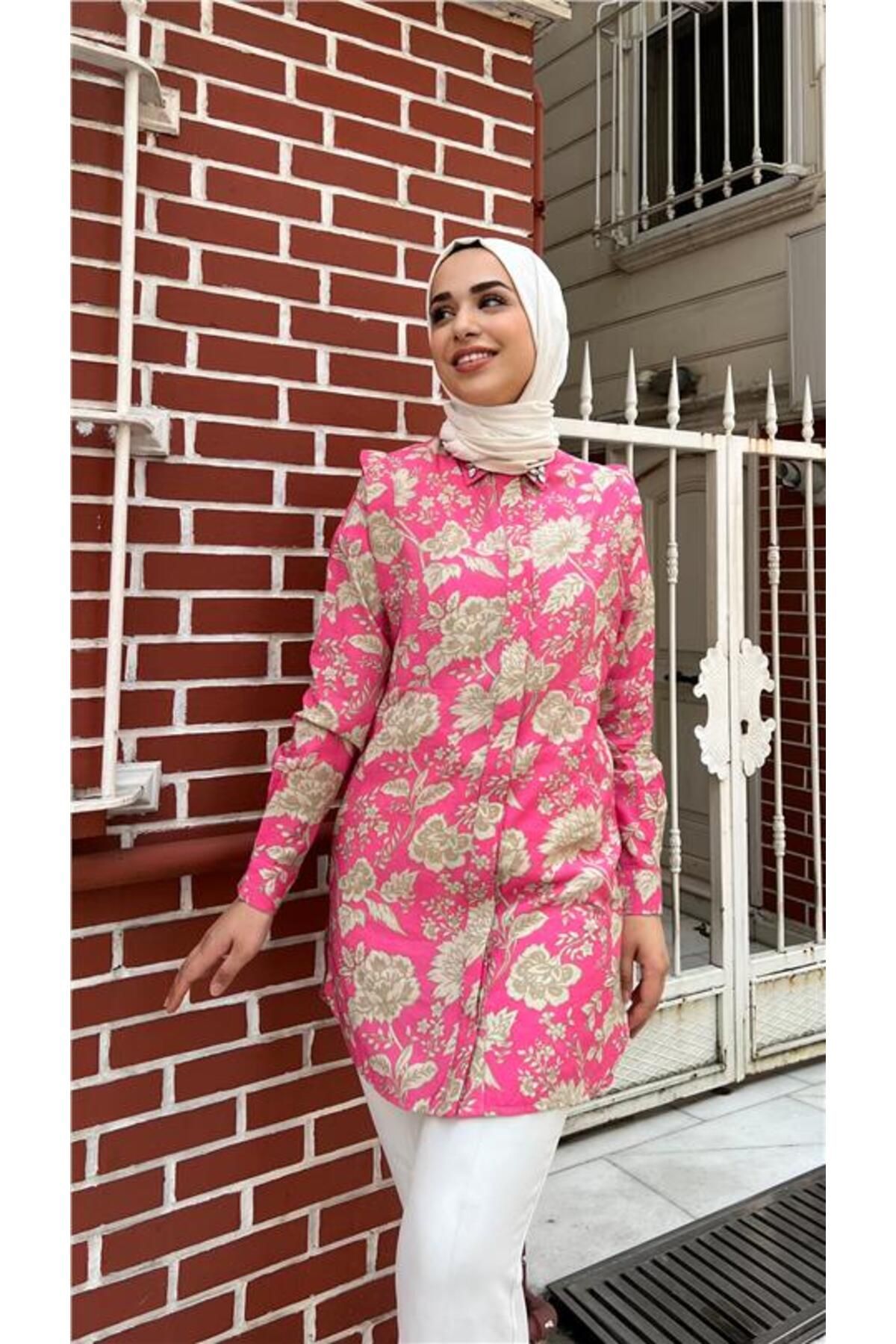 Shop58 Lupin Taş Detaylı Desenli Gömlek - 71131 - Fuşya