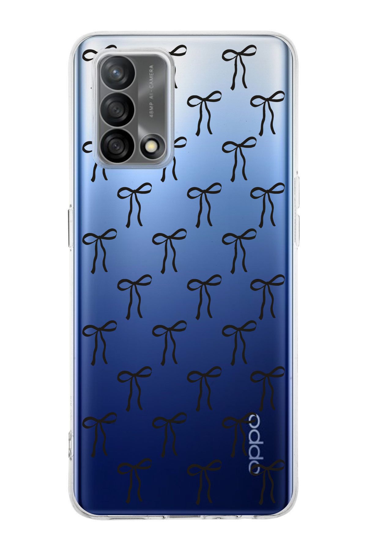 moonset Oppo A74 Uyumlu Siyah Fiyonk Tasarımlı Baskılı Şeffaf Telefon Kılıfı