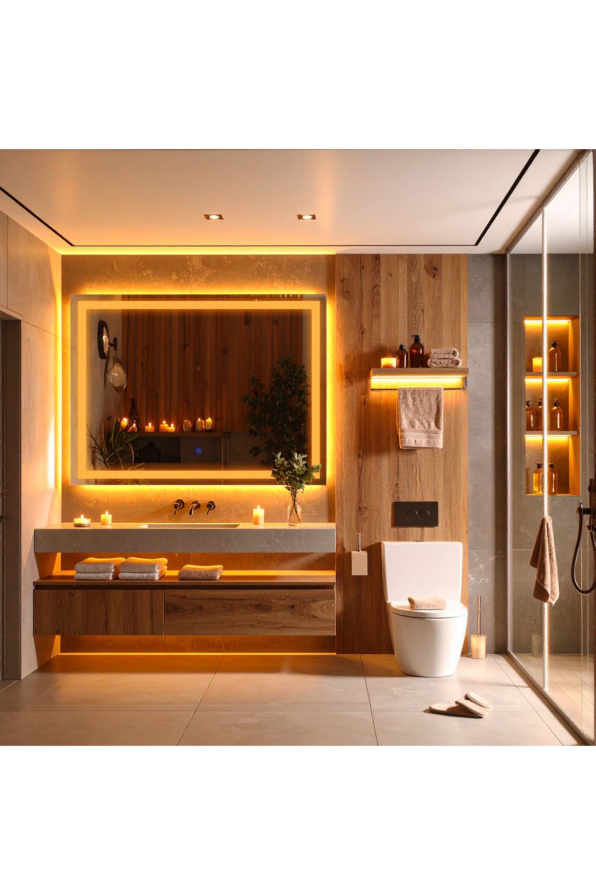 lumora mirror design Rectango Amber Led'li Kumlamalı Lavabo & Banyo Aynası (Dokunmatik Sensörlü)