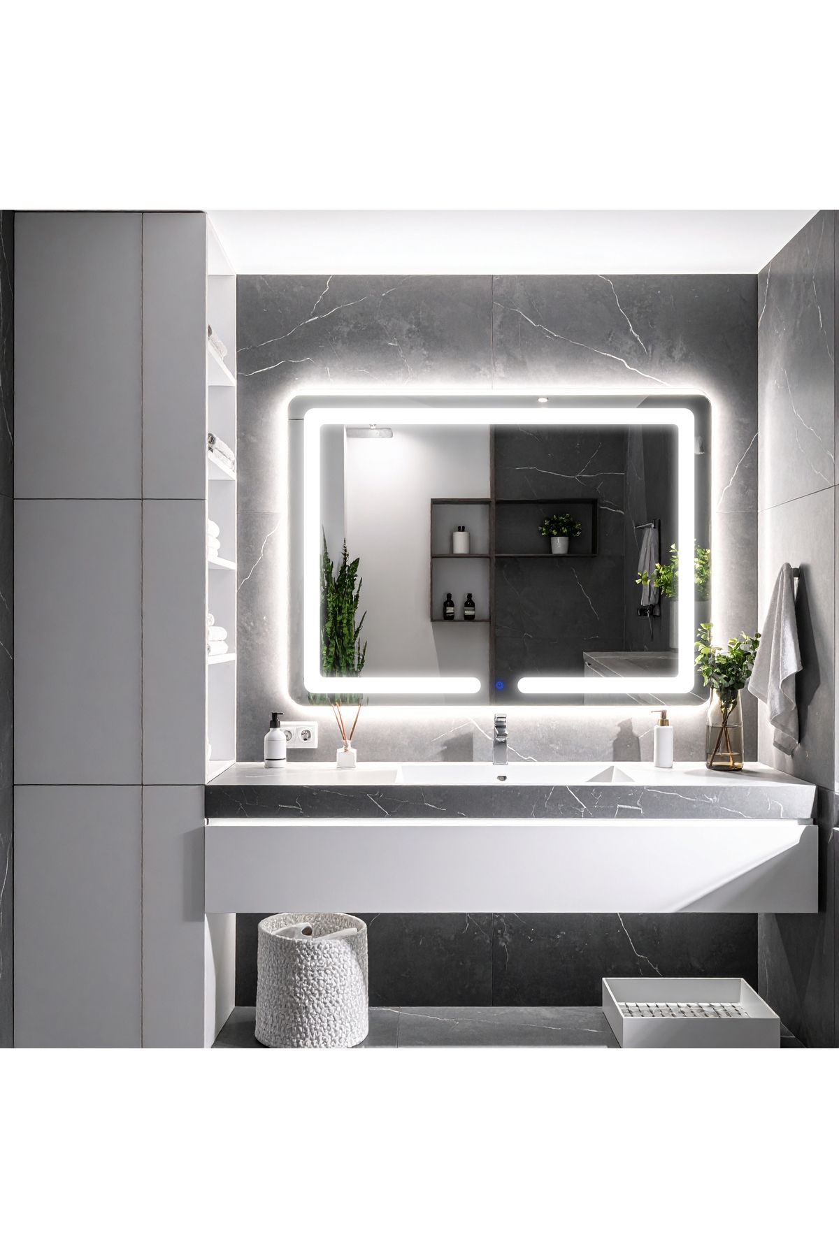 lumora mirror design Linea Beyaz Led'li Kumlamalı Lavabo & Banyo Aynası (Dokunmatik Sensörlü)