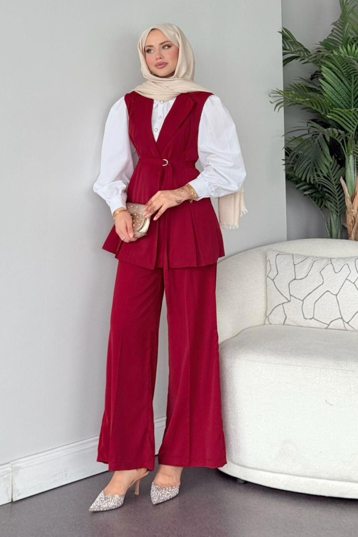 Şulemoda Giyim Ruha Yelekli Takım Bordo
