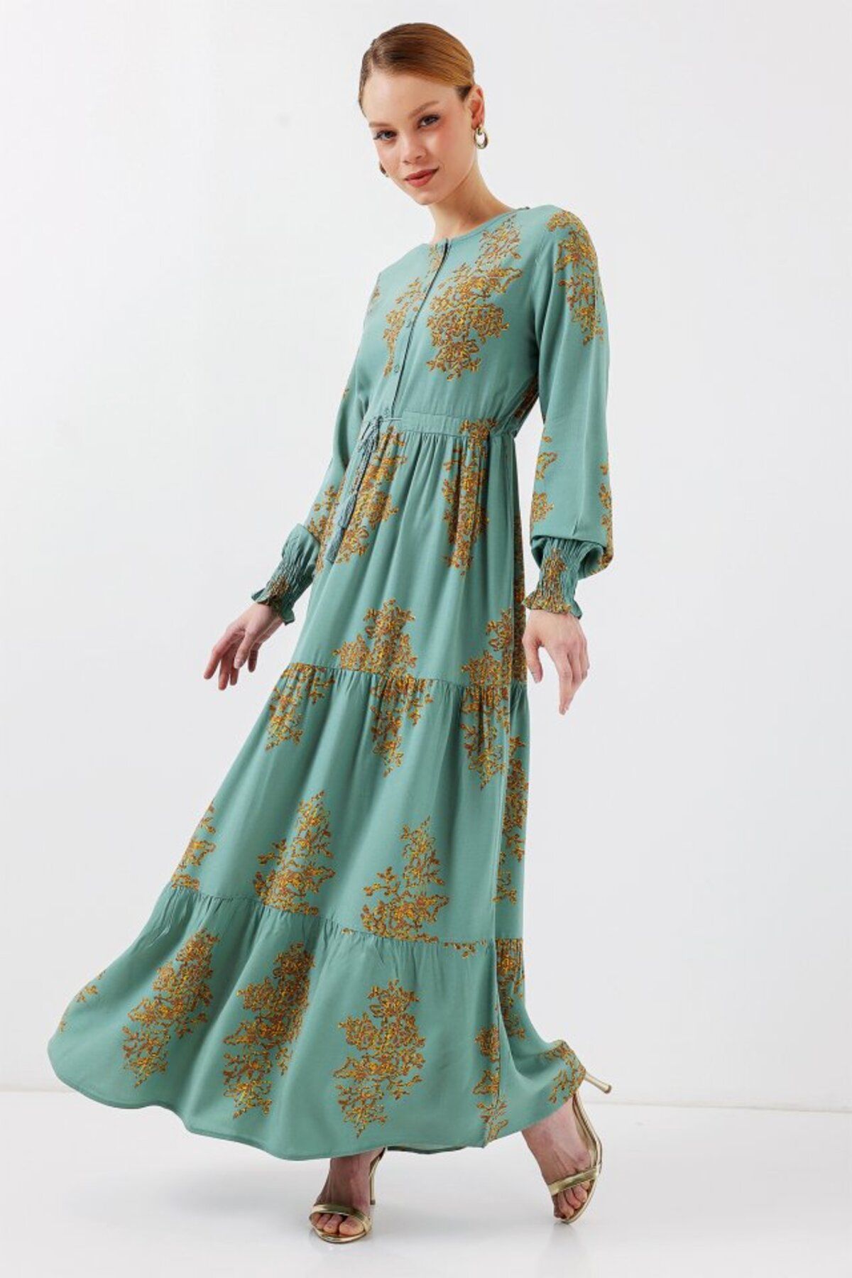 novafems 2145 Desenli Tesettür Elbise - Mint