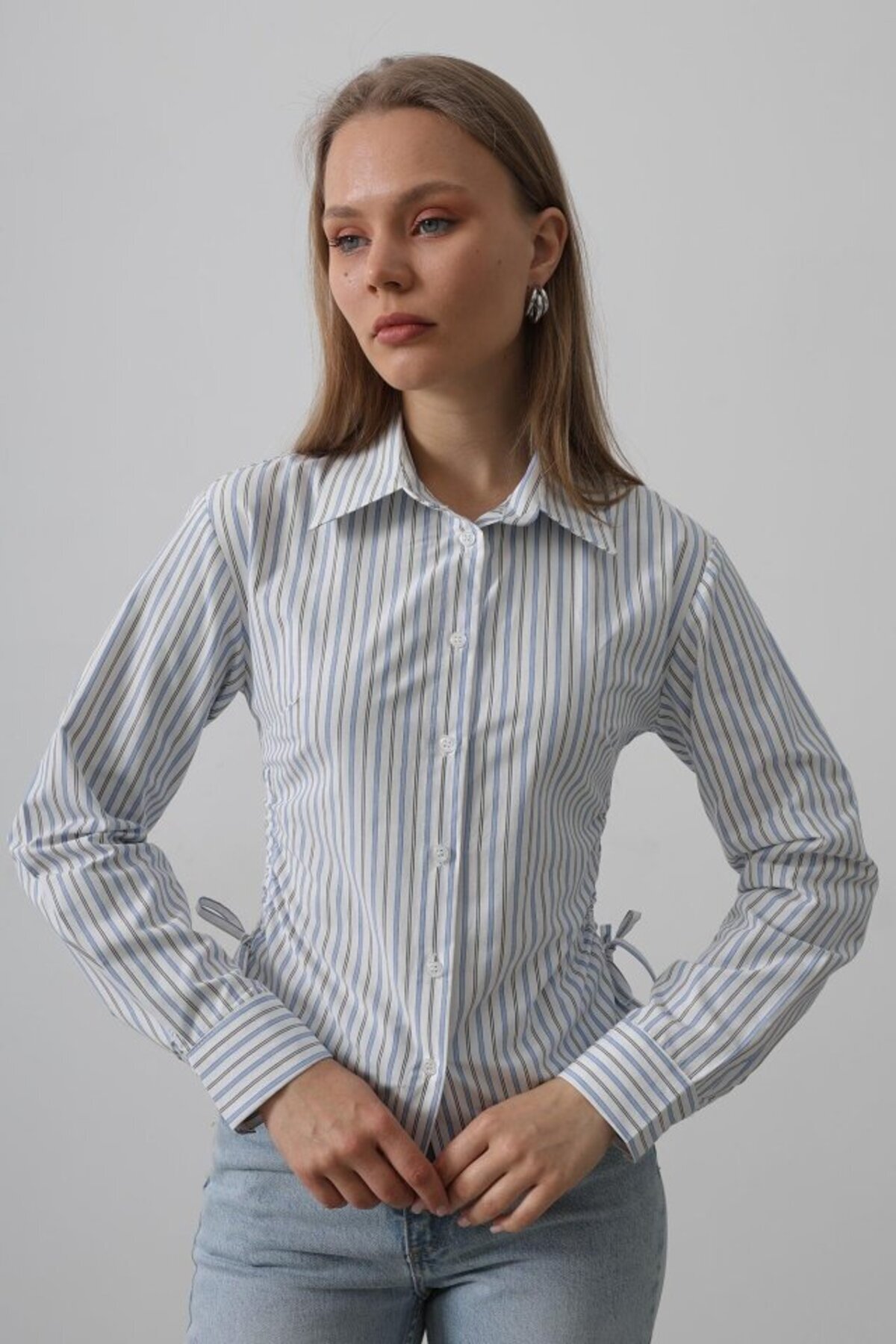 Simala-Striped Shirt with Gathered Sides - Blue-Black 2