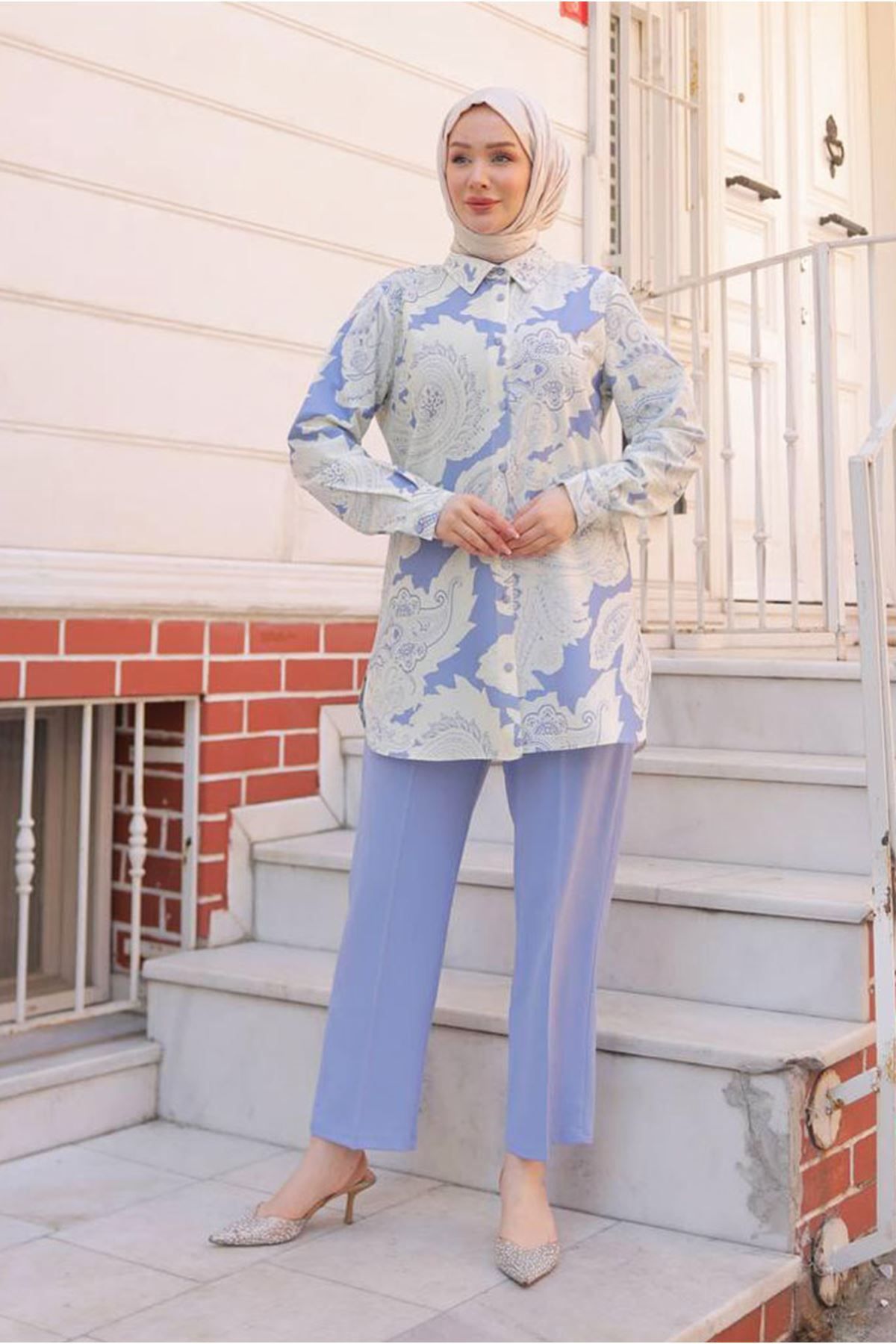 Moda Rosa 25Y7570 - SOFT MAVİ - MOTİF DESEN GÖMLEKLİ TAKIM