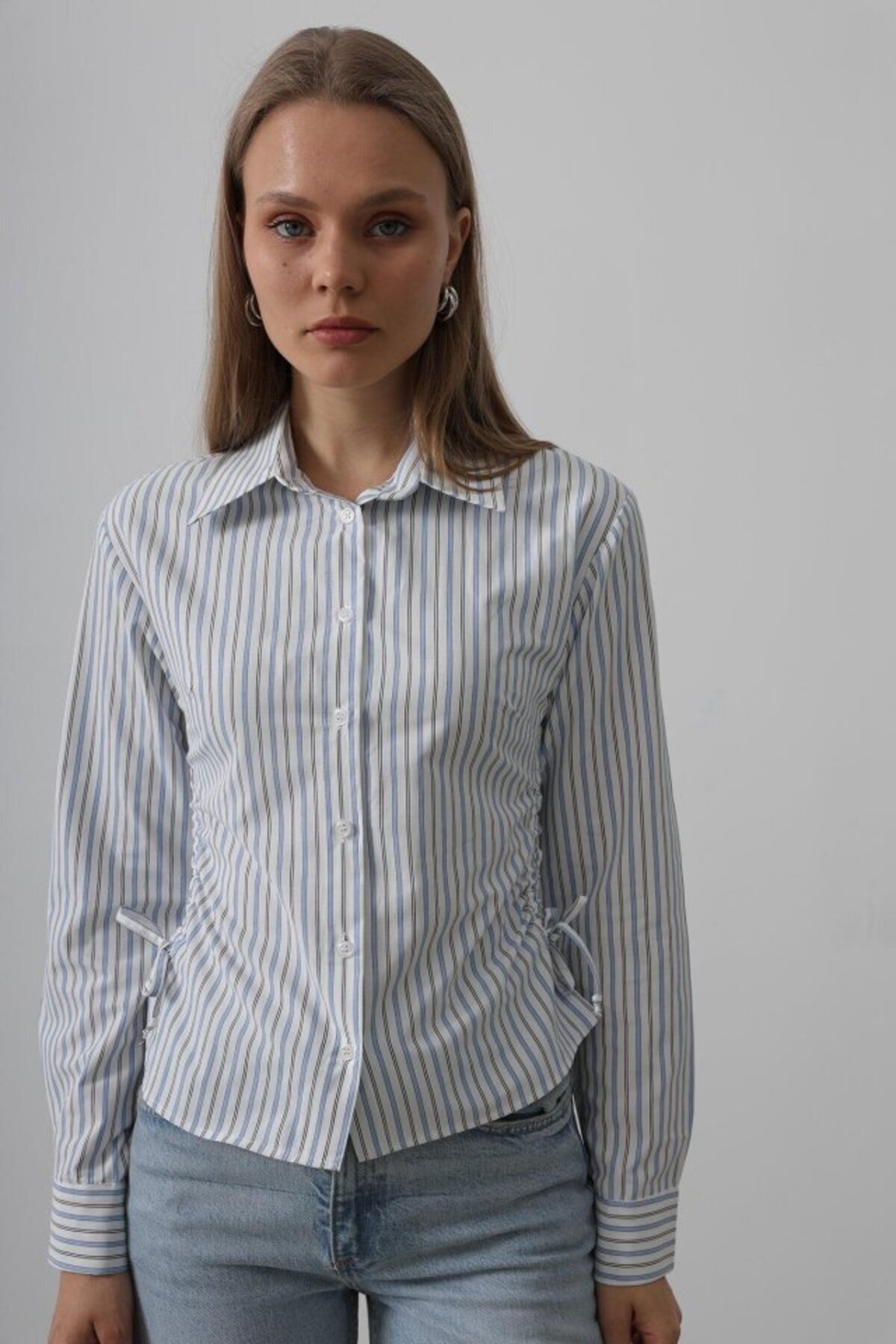 Simala-Striped Shirt with Gathered Sides - Blue-Black 3