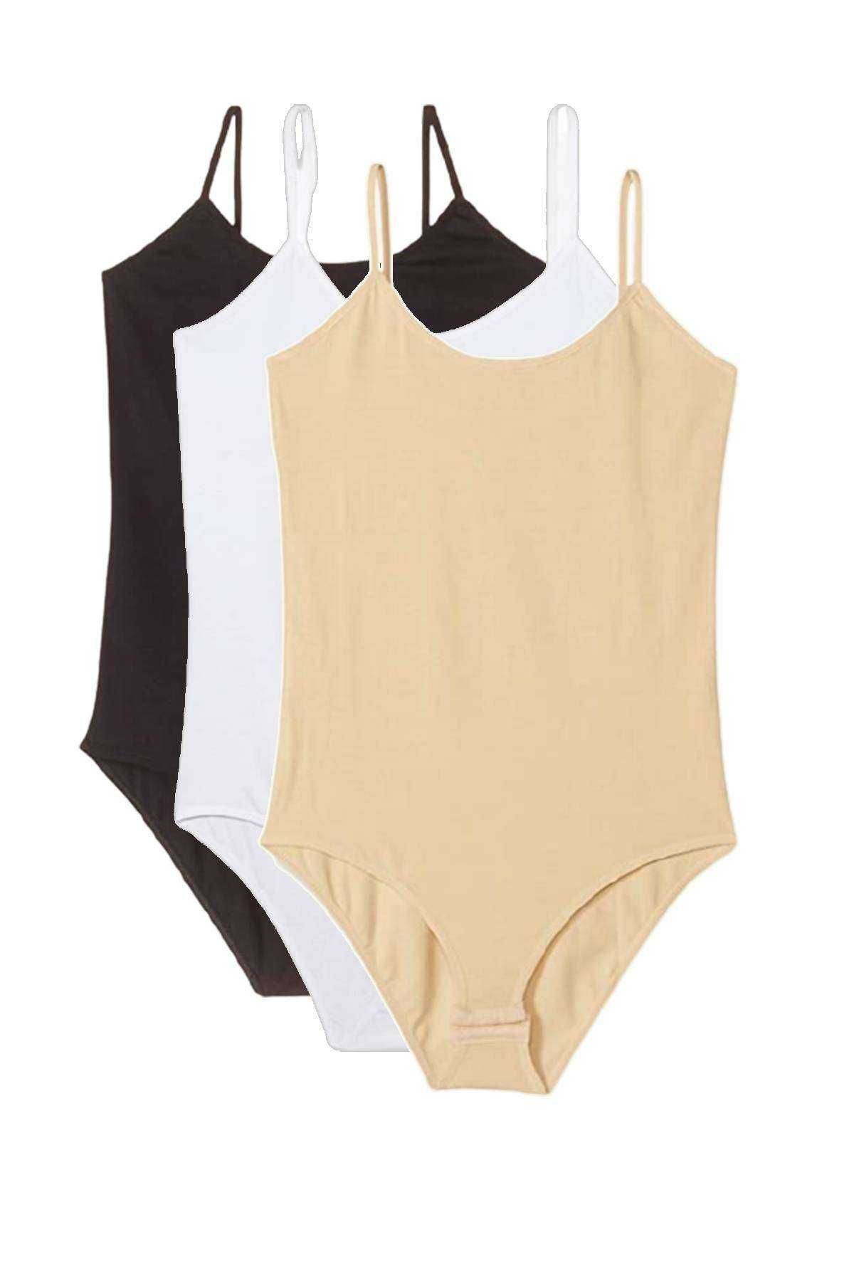 Shop58 3 Adet İp Askılı Kadın Çıtçıtlı Body Siyah Beyaz Ten