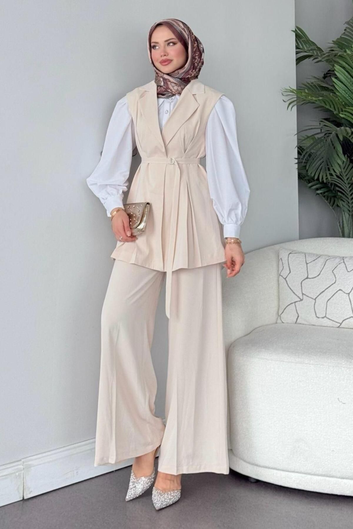 Şulemoda Giyim Ruha Yelekli Takım Bej
